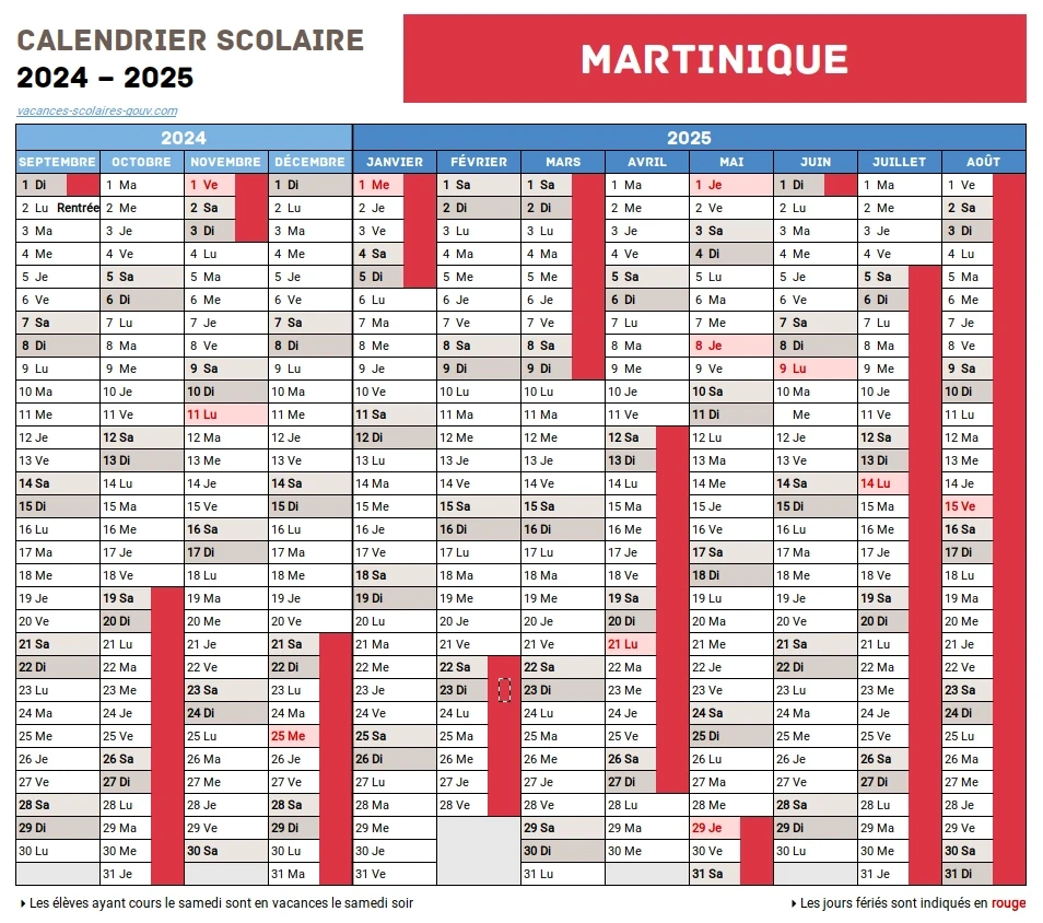 Martinique • Calendrier Scolaire 2024-2025 Officiel + 2025 &amp;amp; 2026 | Calendrier 2025 Avec Jours Fériés Martinique