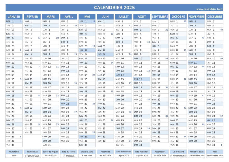 Calendrier 2025 Semaines Numérotées