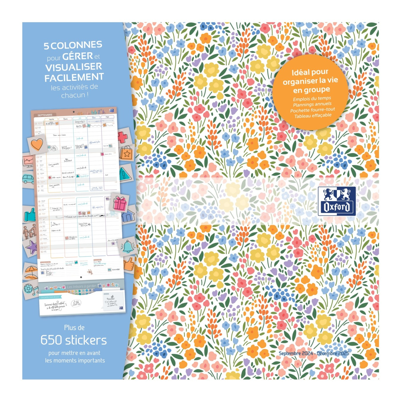 Oxford Flowers Calendrier Mural 2024-2025: Organisation En Groupe | Calendrier Familial 2024 2025