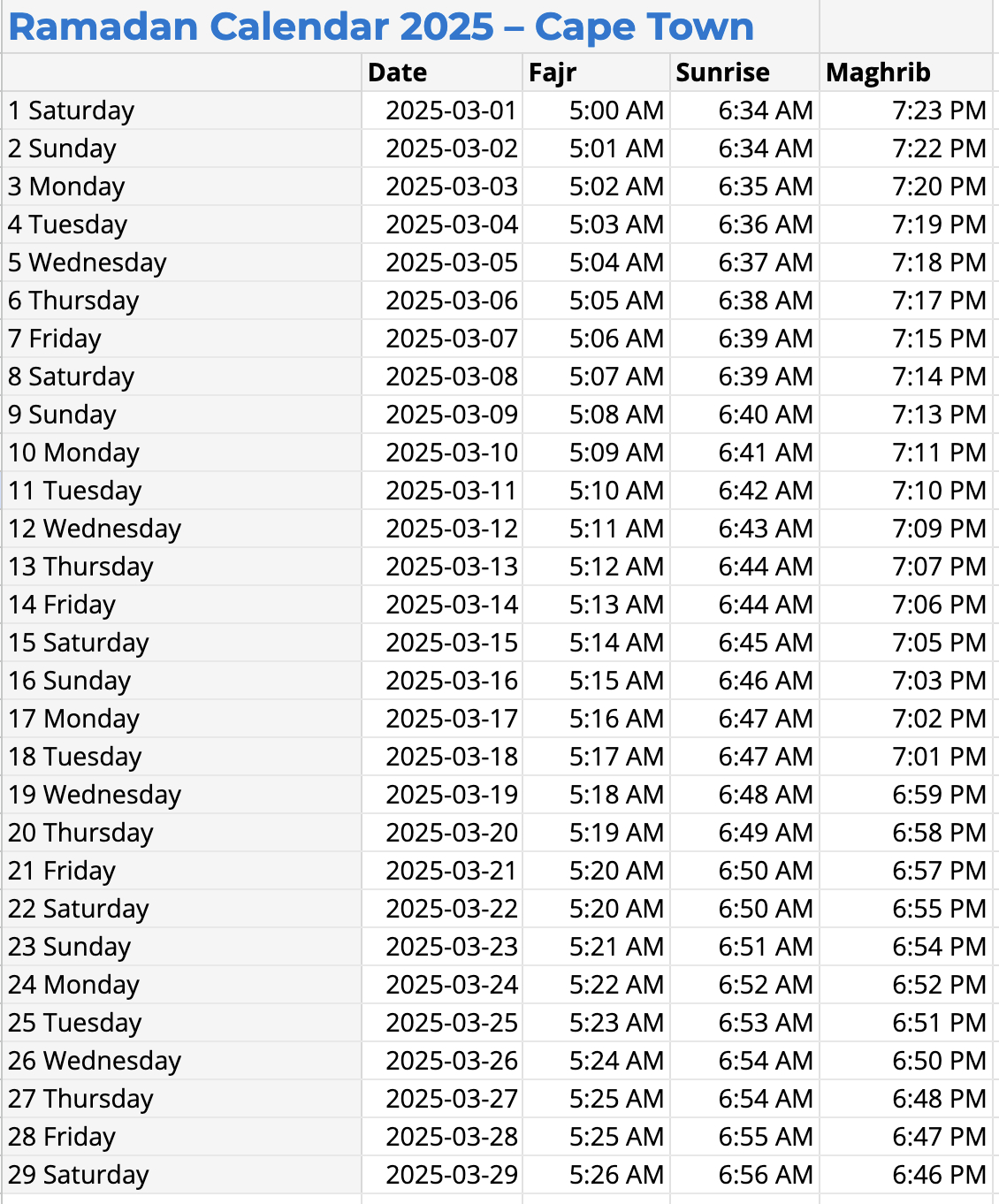 Ramadan Timetable 2025 - Islamic Relief South Africa | Ramadan 2025 Calendrier