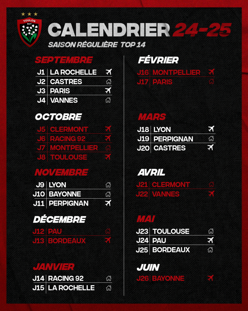 Top 14 – Le Calendrier Des Rouge Et Noir Est Connu – Rct – Rugby | Calendrier Top 14 2024 2025 Toulouse