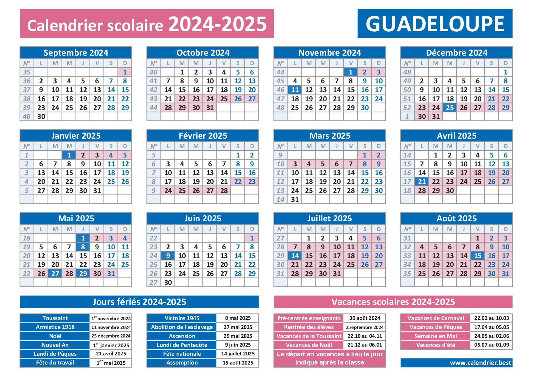 Vacances Scolaires 2024-2025 Guadeloupe : Calendrier Scolaire 2024 | Calendrier 2025 Avec Jours Fériés Guadeloupe