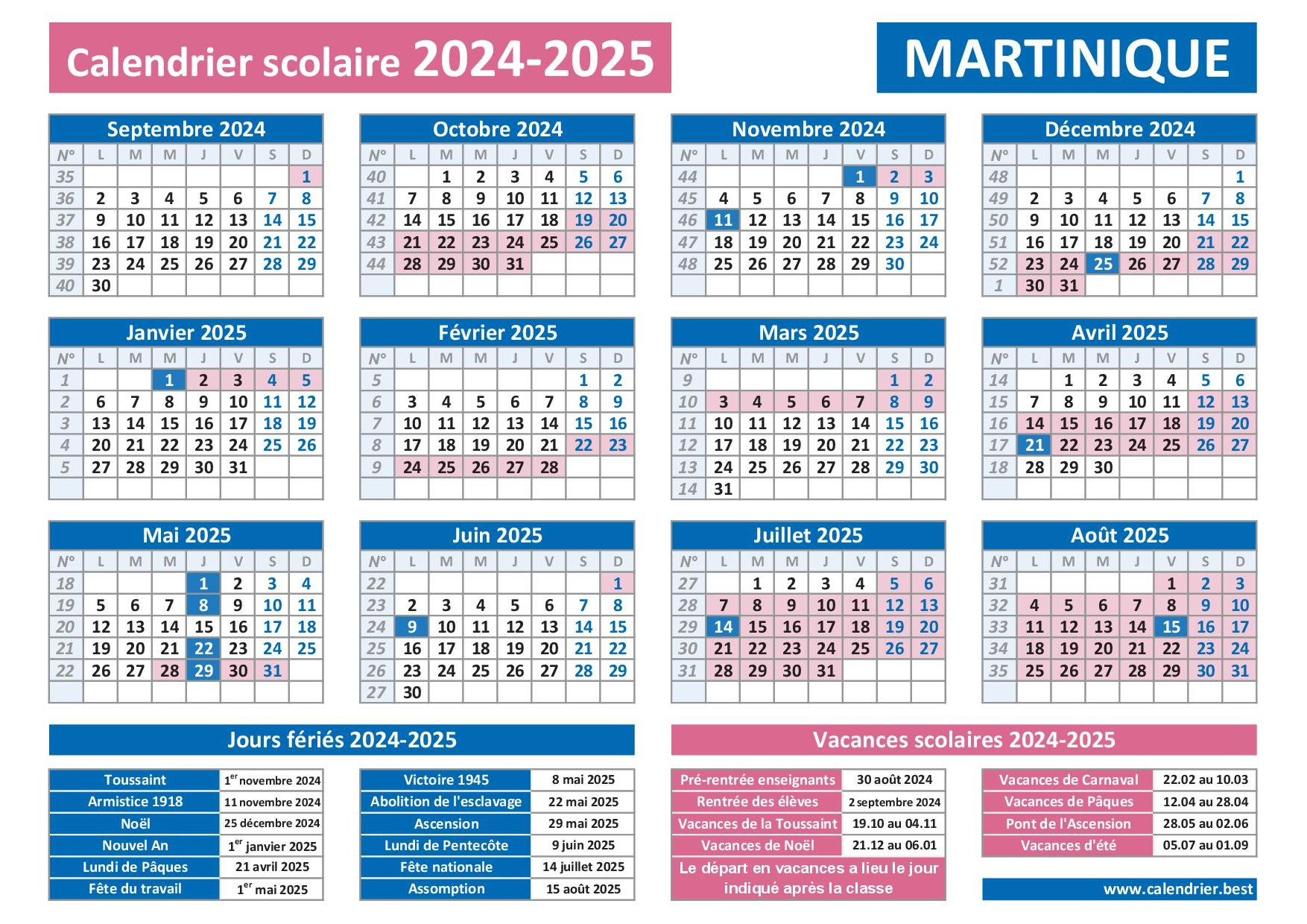 Vacances Scolaires 2024-2025 Martinique : Calendrier Scolaire 2024 | Calendrier 2025 Avec Jours Fériés Martinique