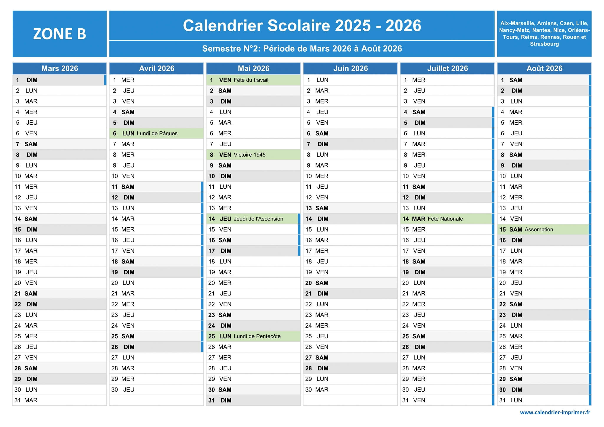 Vacances Scolaires 2025-2026 De La Zone B | 2025 Calendrier 2026 Avec Jours Fériés Vacances Scolaires À Imprimer