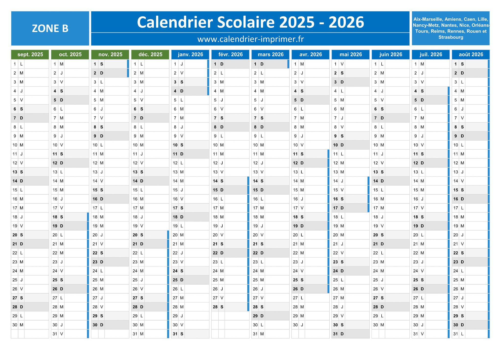 Vacances Scolaires 2025-2026 De La Zone B | Calendrier 2025 à Imprimer Vacances Scolaires