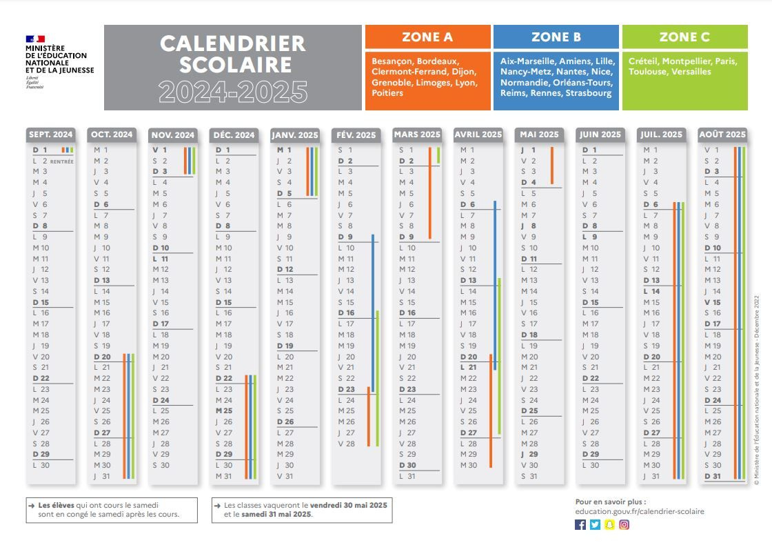 Vacances Scolaires : Voici Le Calendrier Officiel 2024-2025 | 2024 Calendrier 2025 Avec Jours Fériés Vacances Scolaires