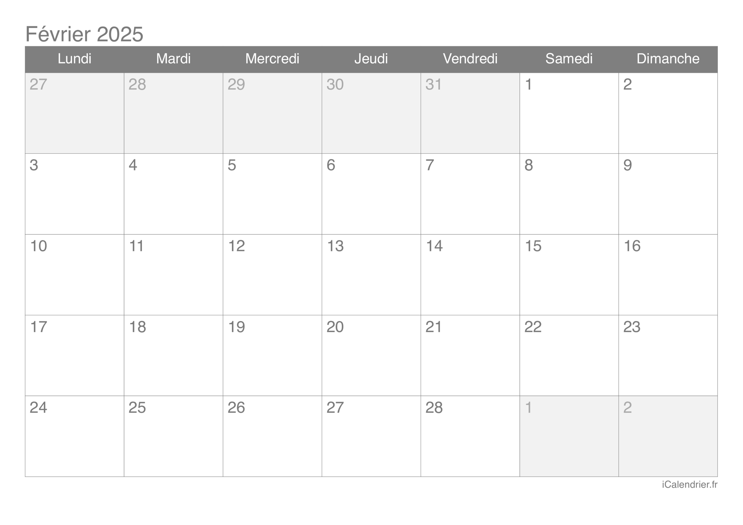 Calendrier Février 2025 À Imprimer | Calendrier 2025 Mois de Février en Page D&amp;amp;#039;accueil