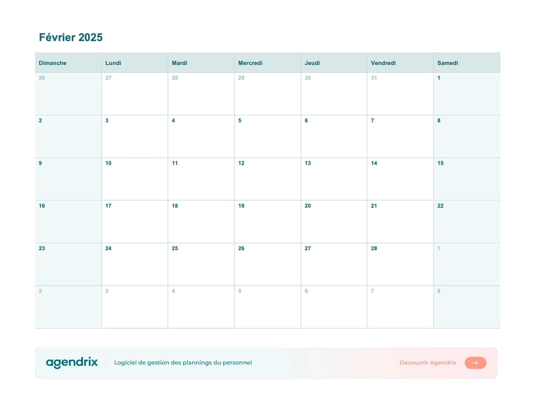 Calendrier Février 2025 À Imprimer (Word, Excel, Pdf) - Agendrix | Calendrier 2025 Mois de Février en Page D&amp;amp;#039;accueil