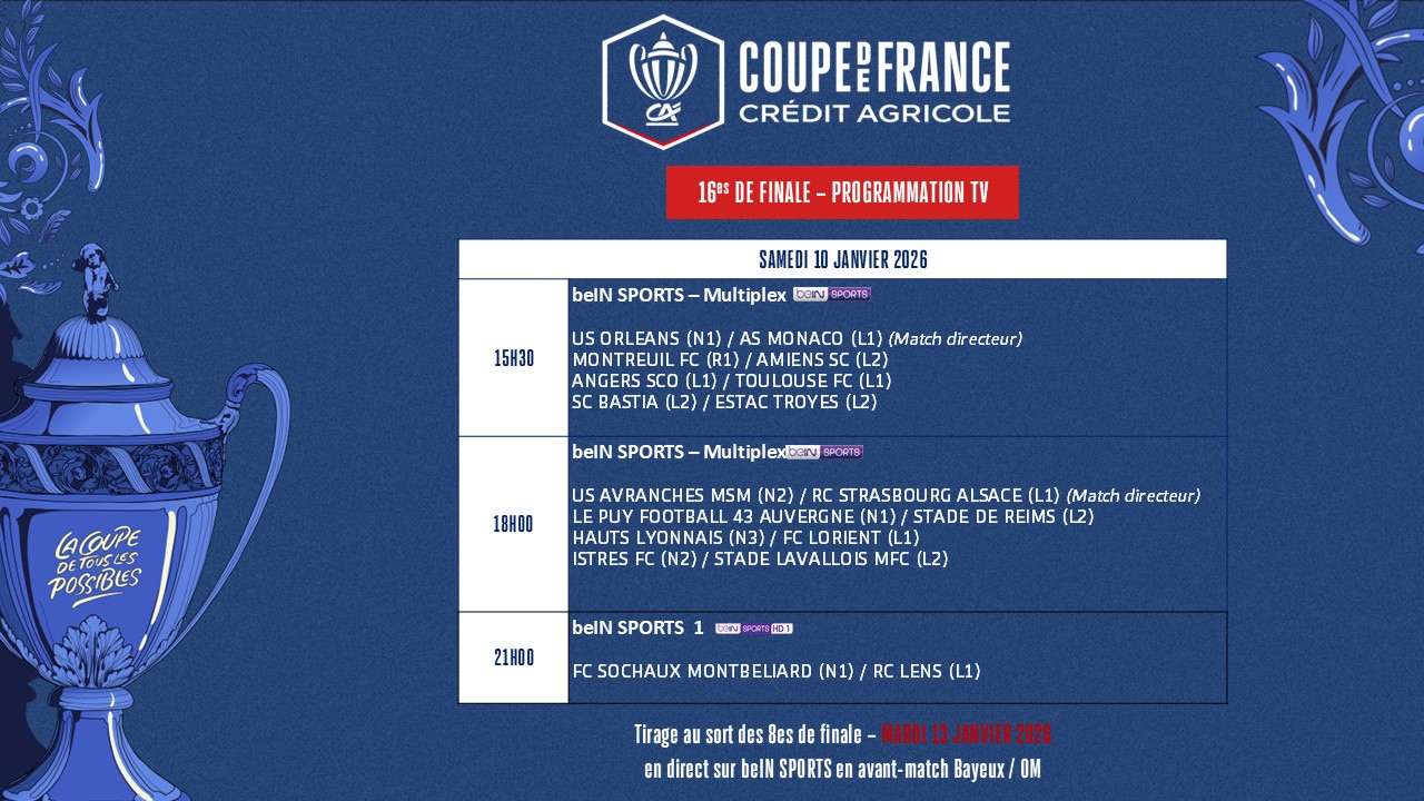 16Es De Finale : Le Programme Tv | Fédération Française De | Calendrier Coupe De France 2026