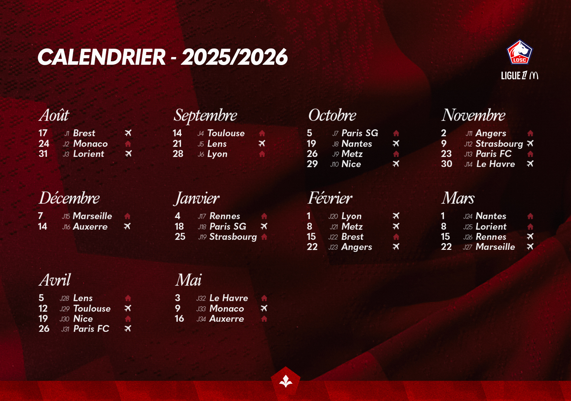 2025-2026 : Le Calendrier De Ligue 1 Des Dogues | Losc | Calendrier Losc 2026