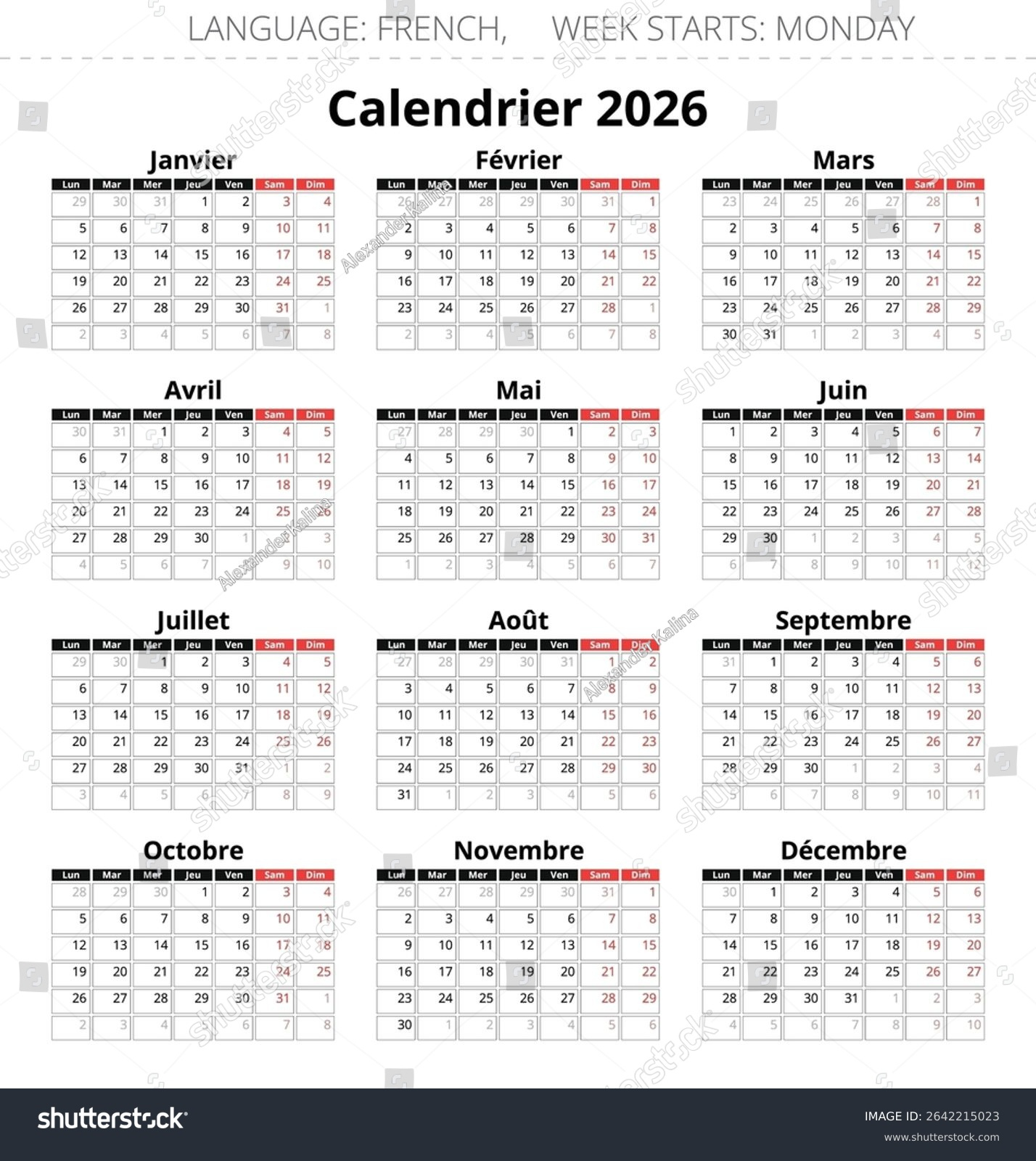 2026 French Calendar Vector Illustration France: Stock | Calendrier 2026 France