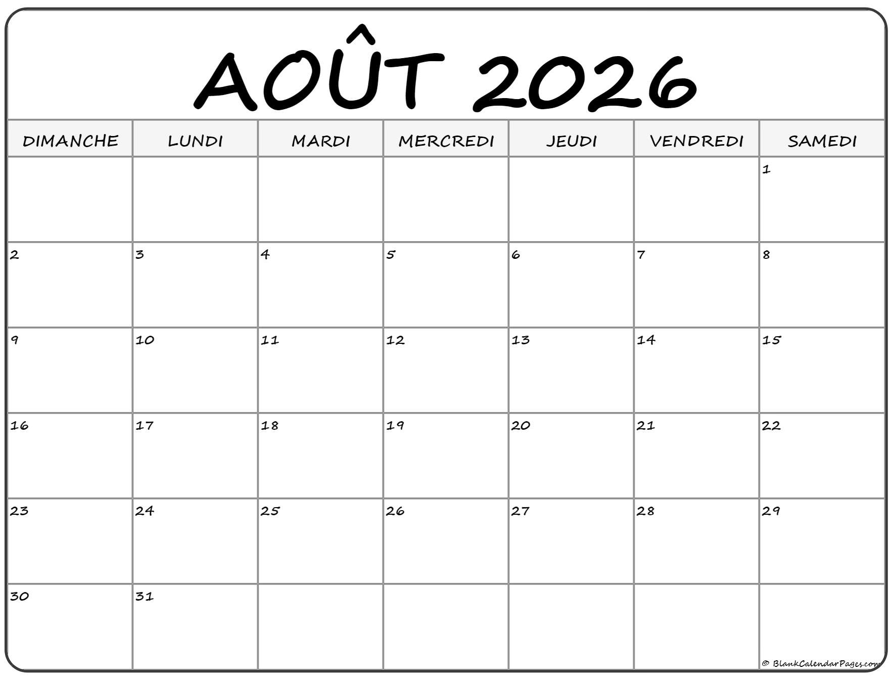Août 2026 Calendrier Imprimable | Calendrier Gratuit | Calendrier Août 2026