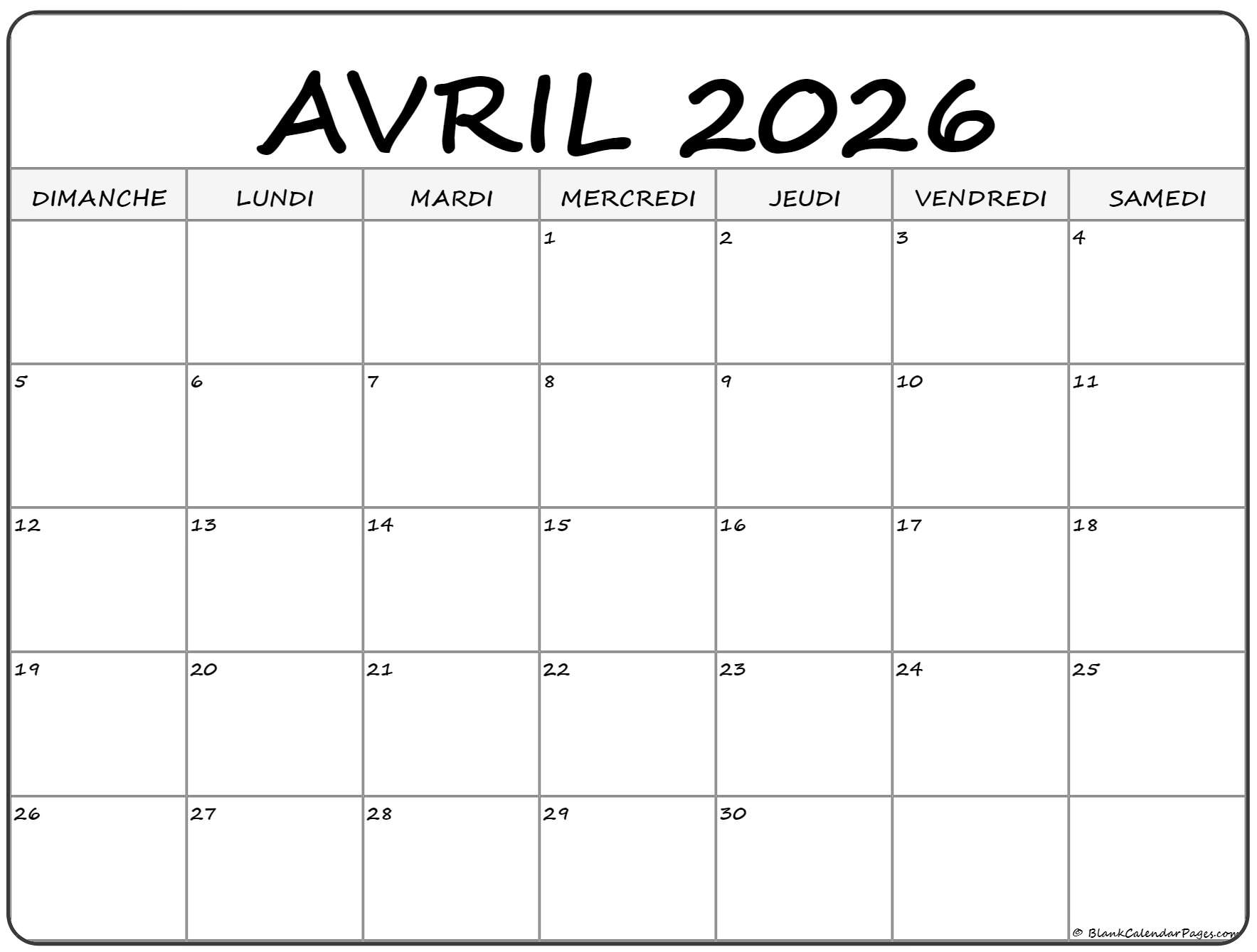 Avril 2026 Calendrier Imprimable | Calendrier Gratuit | Calendrier Avril 2026