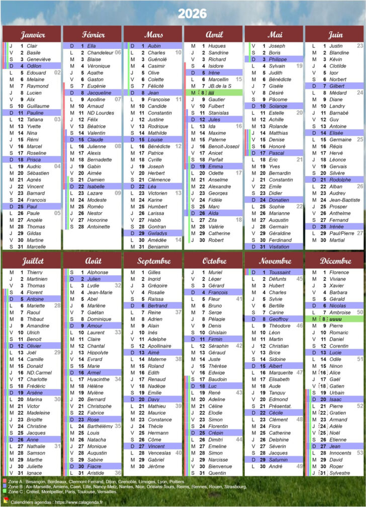 Calendrier 2026 avec Jours Fériés Martinique