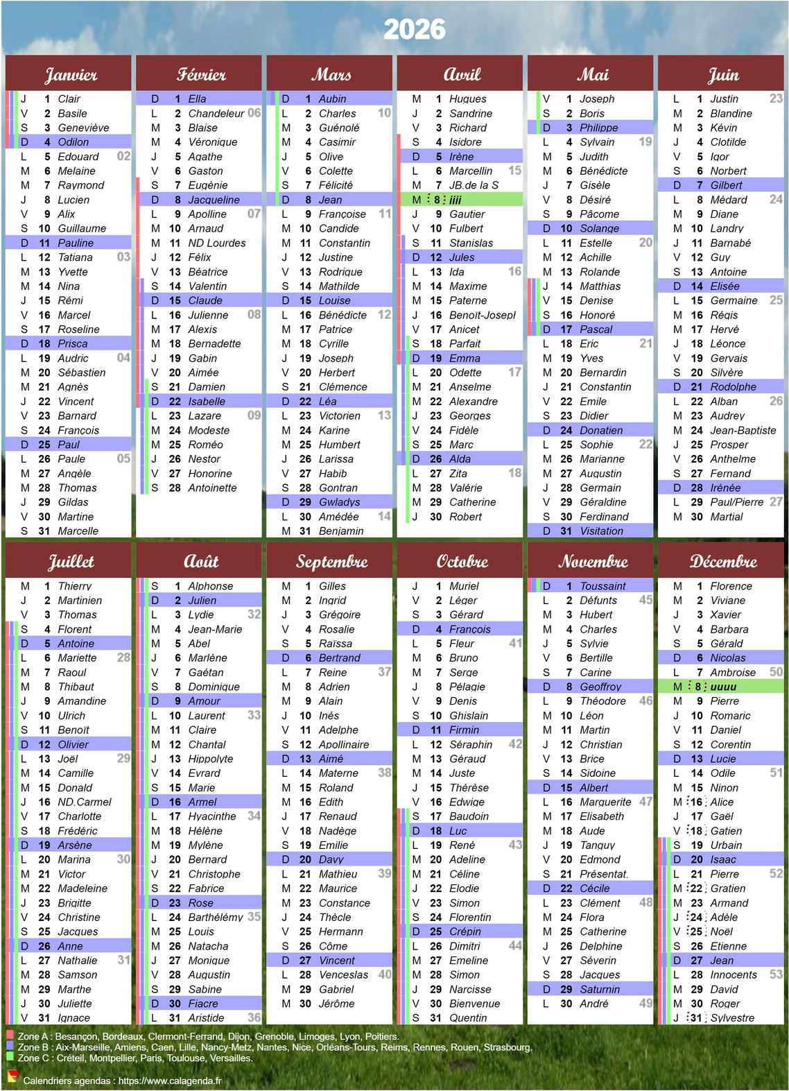 Calendrier 2026 À Imprimer Annuel Avec Les Fêtes Et Les Vacances | Calendrier 2026 Avec Jours Fériés Martinique