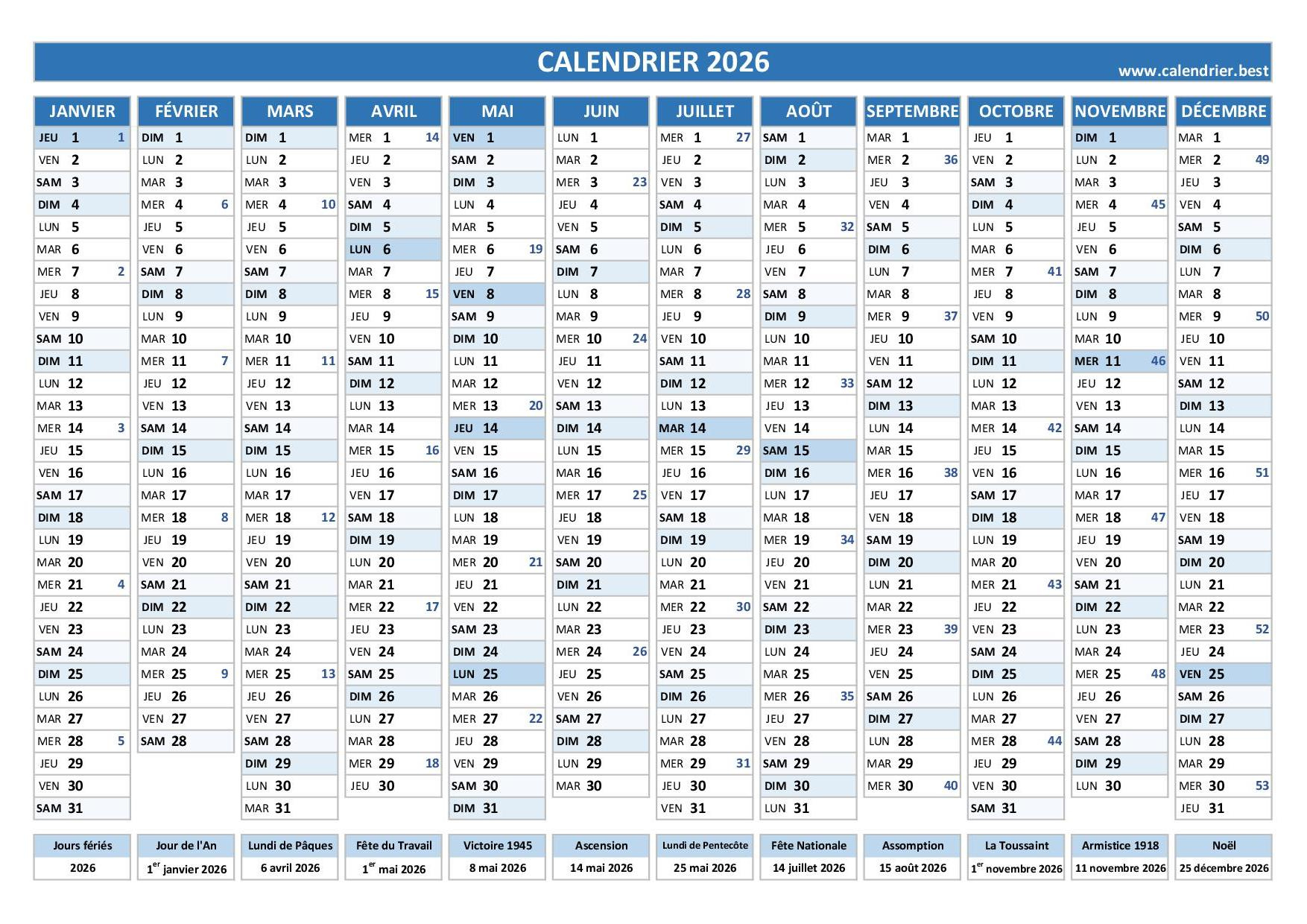 Calendrier 2026 À Imprimer | Calendrier Avec Semaine 2026