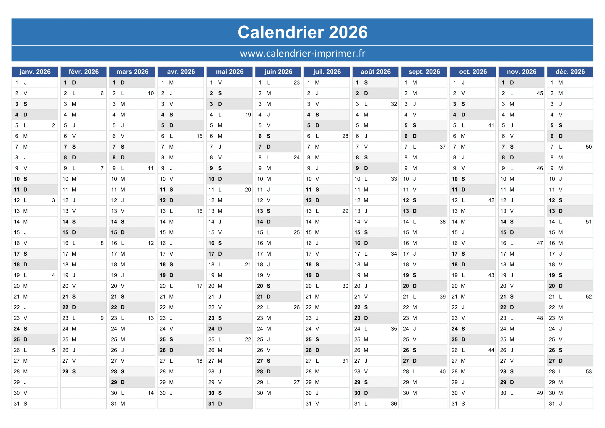 Calendrier 2026 À Imprimer Gratuit | Agenda 2026 à Imprimer