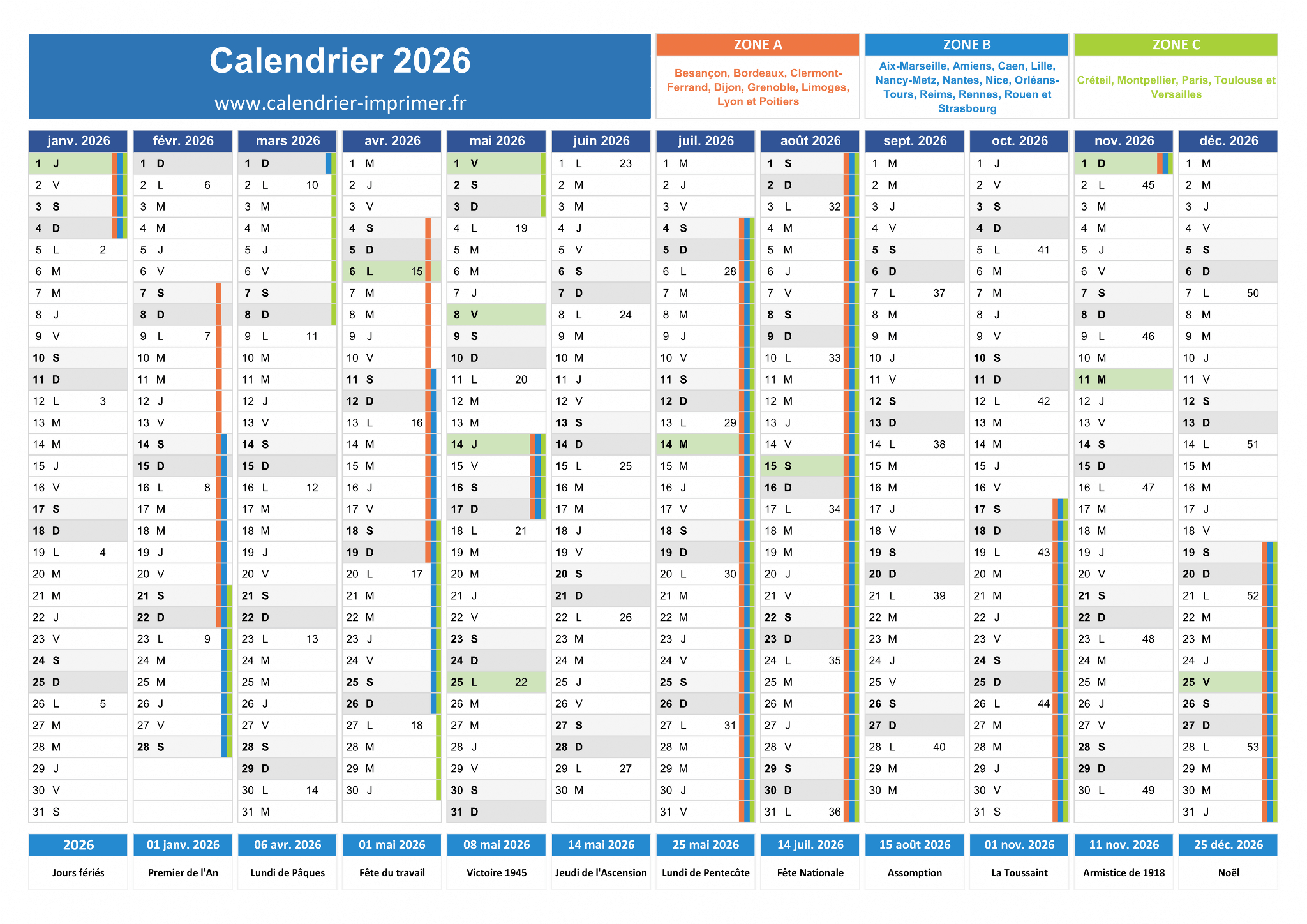 Calendrier 2026 À Imprimer Gratuit | Calendrier 2026 avec Jours Fériés à Imprimer
