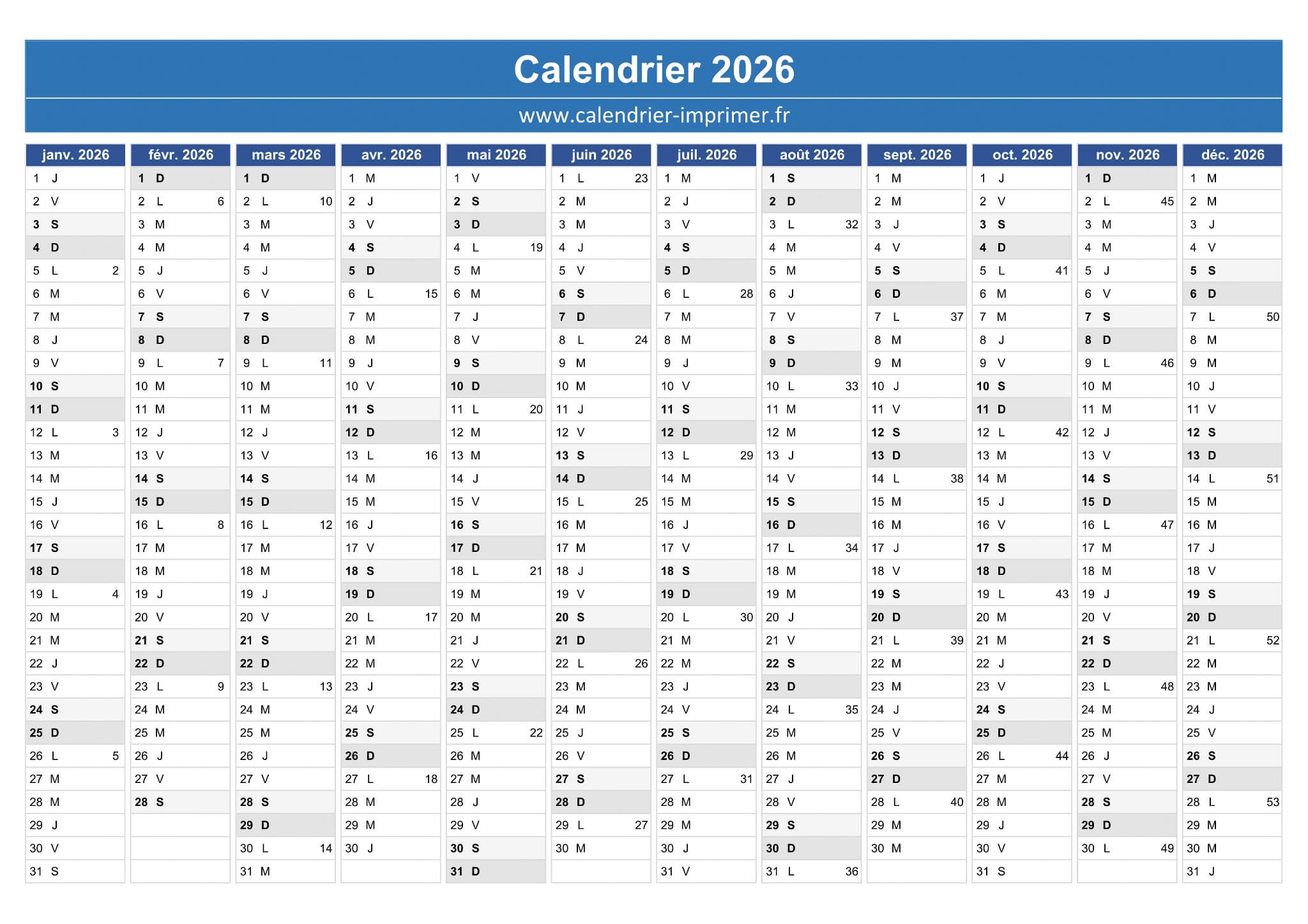 Calendrier 2026 À Imprimer Gratuit | Calendrier 2026 Gratuit à Imprimer