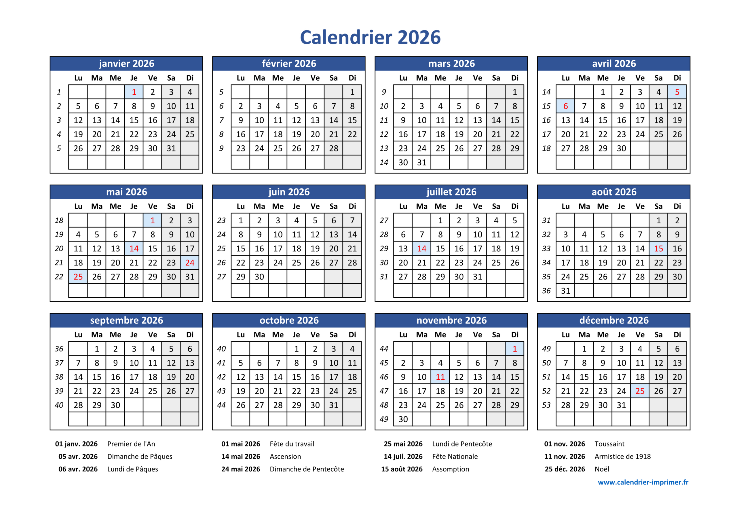 Calendrier 2026 À Imprimer Gratuit | Calendrier 2026 Word