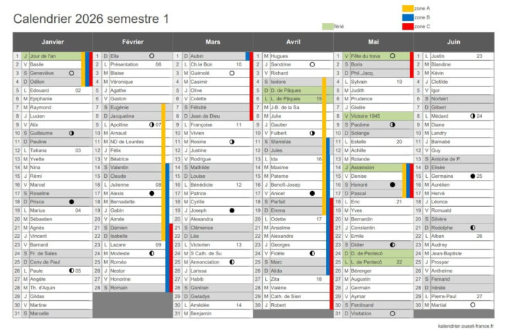 Calendrier 2026 avec Jours Fériés Vacances Scolaires à Imprimer