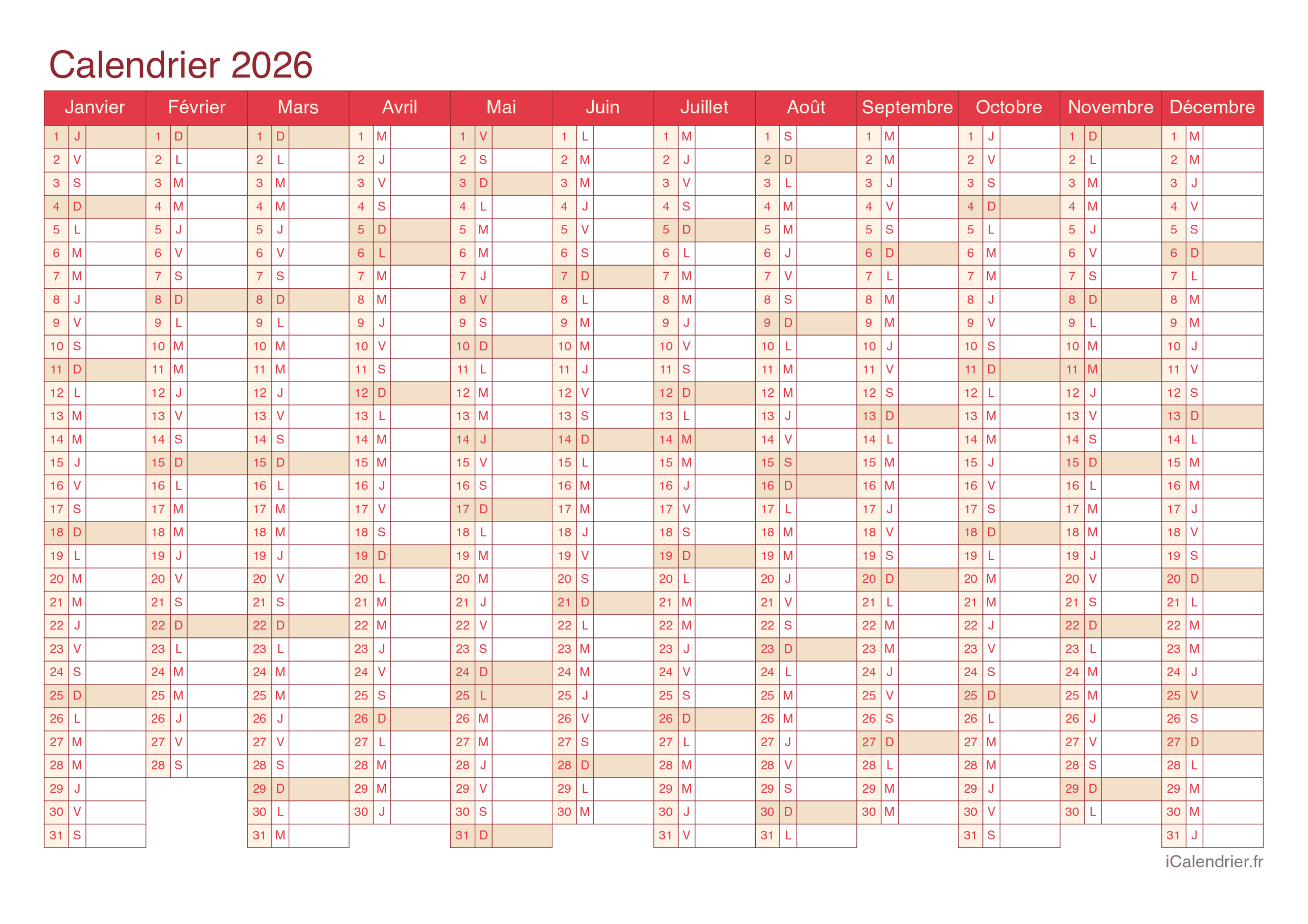 Calendrier 2026 À Imprimer Pdf Et Excel | Calendrier 2026 Gratuit Impression