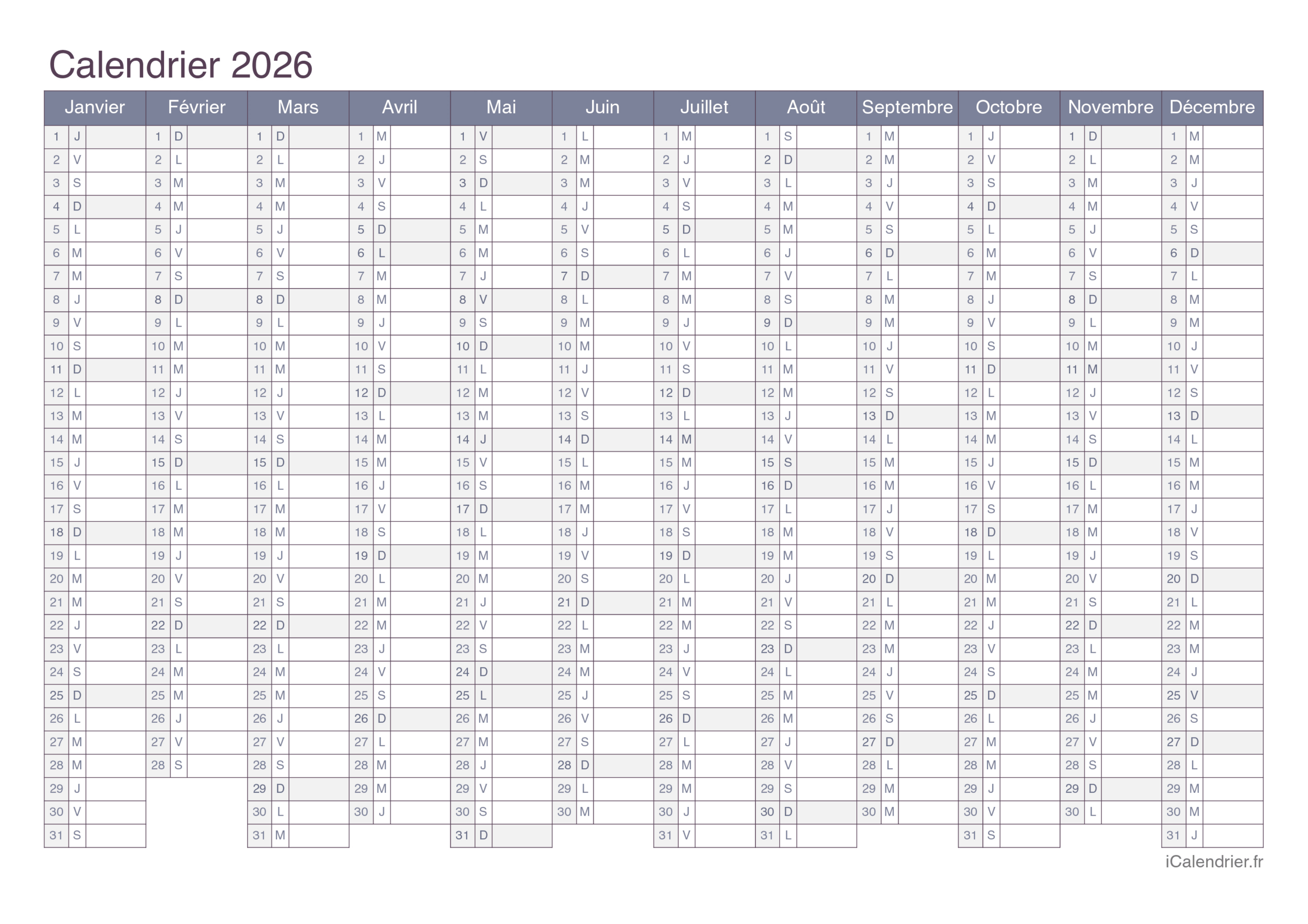Calendrier 2026 À Imprimer Pdf Et Excel | Calendrier 2026 Vierge À Imprimer