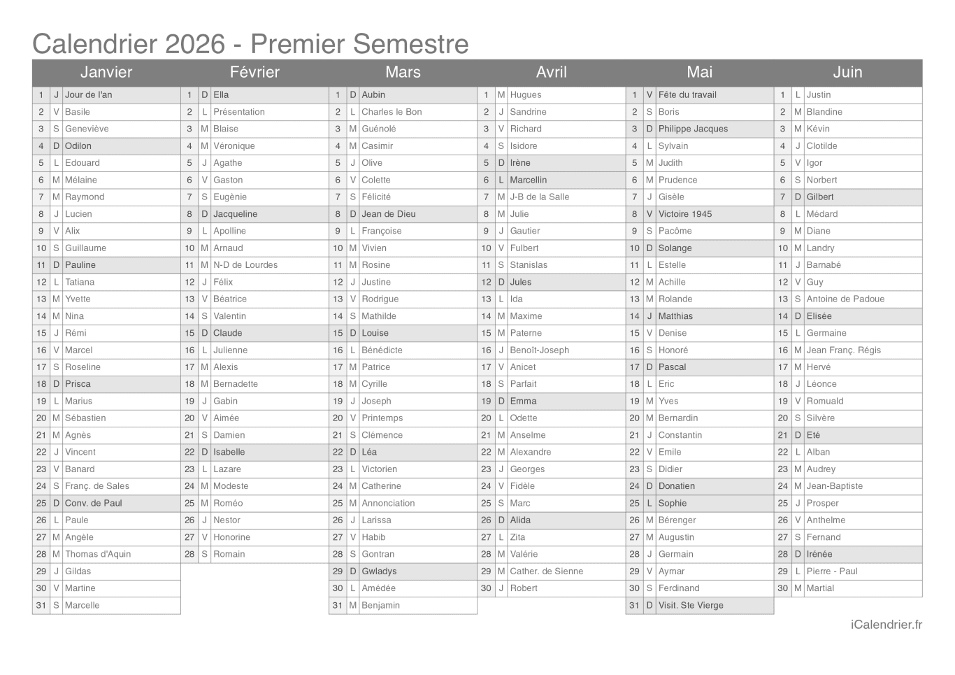 Calendrier 2026 À Imprimer Pdf Et Excel | Calendrier Semestre 2026