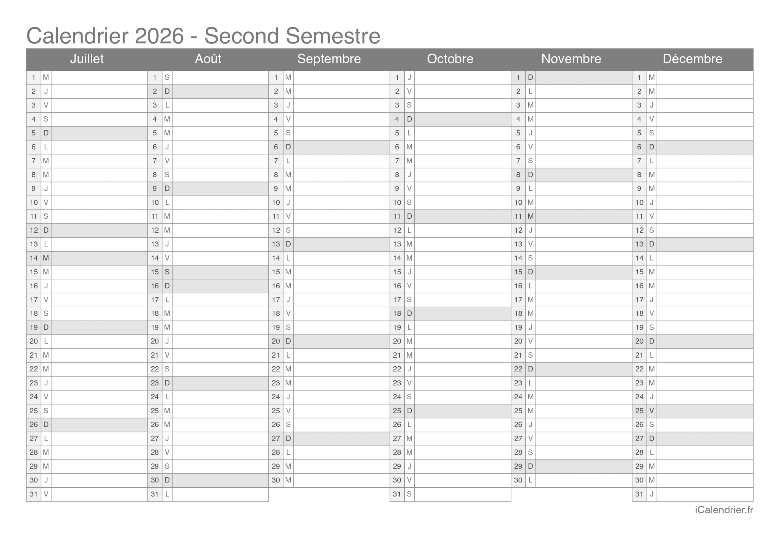 Calendrier 2026 À Imprimer Pdf Et Excel | Calendrier Semestre 2026