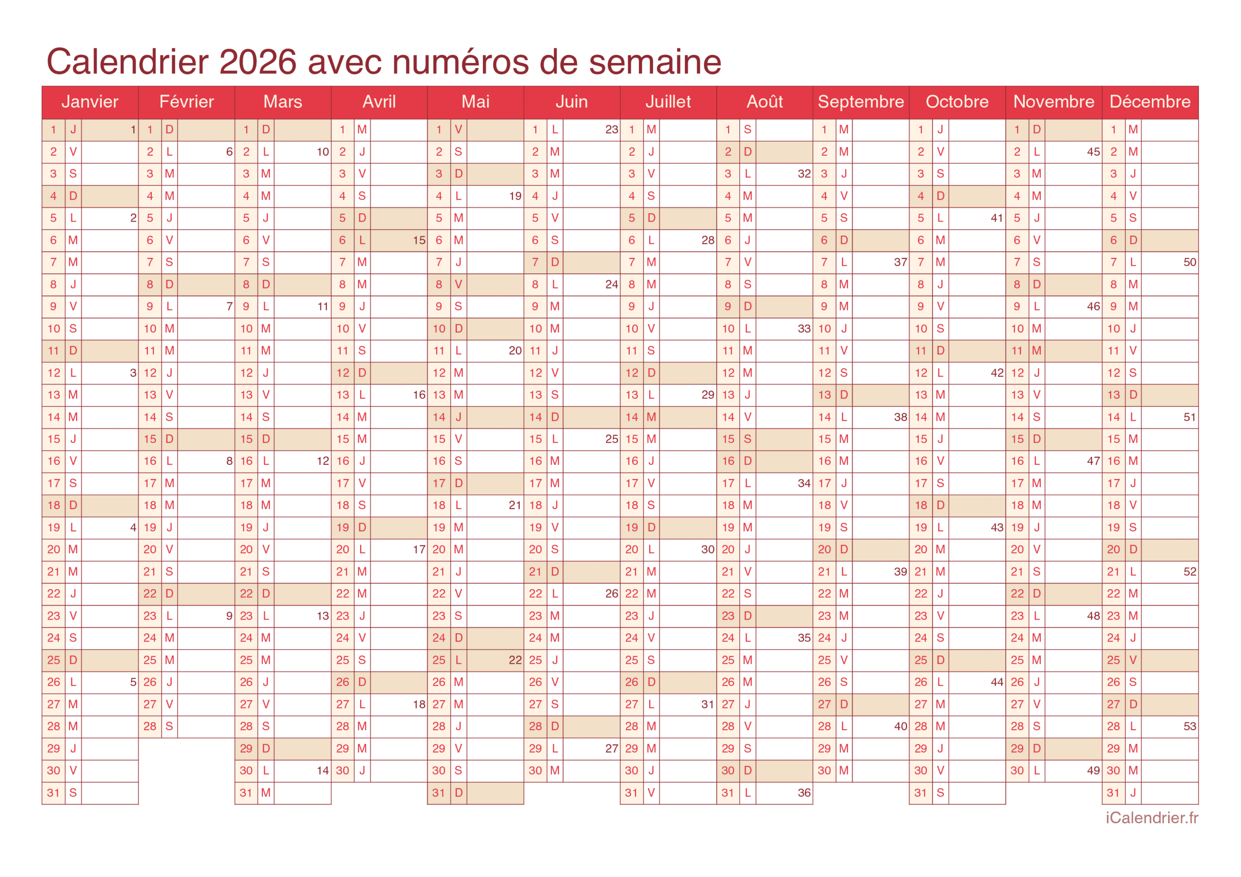 Calendrier 2026 À Imprimer Pdf Et Excel | Semainier 2026 Gratuit