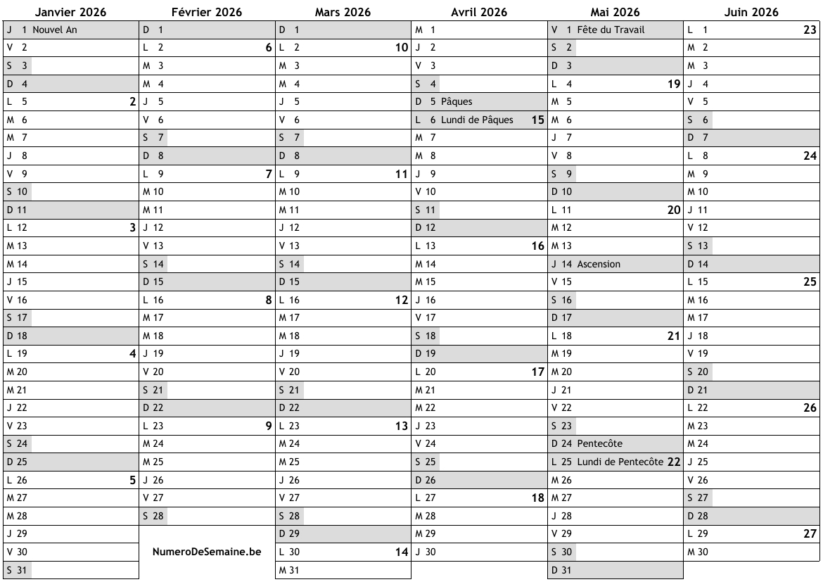 Calendrier 2026 Avec Jours Fériés En Belgique Et Numéro Des | Calendrier 2026 Belgique