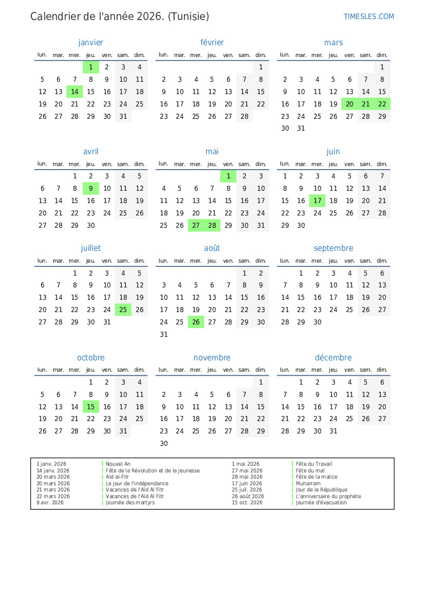 Calendrier 2026 Avec Jours Fériés En Tunisie | Imprimer Et | Calendrier 2026 avec Jours Fériés Tunisie
