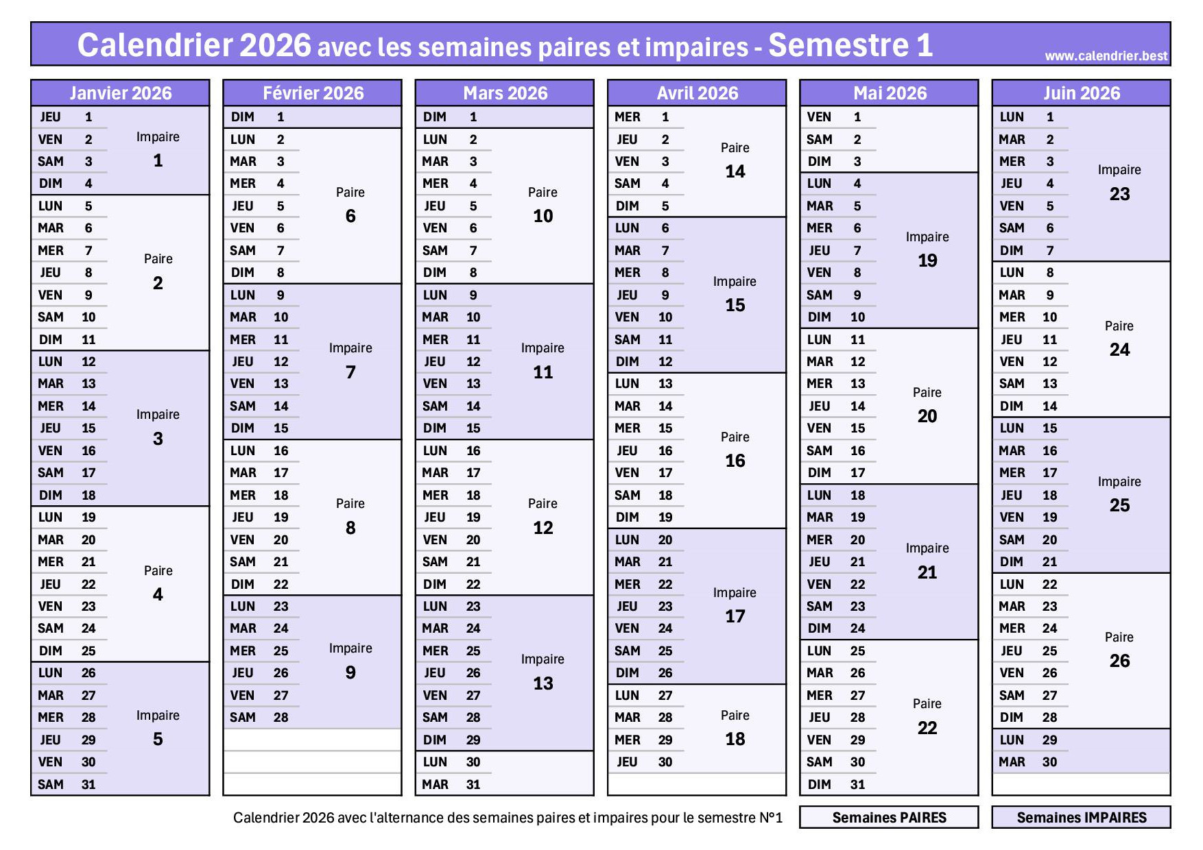 Calendrier 2026 Avec Semaines Paires Et Impaires : Planning À Imprimer | Calendrier 2026 Semaine Paire et Impaire