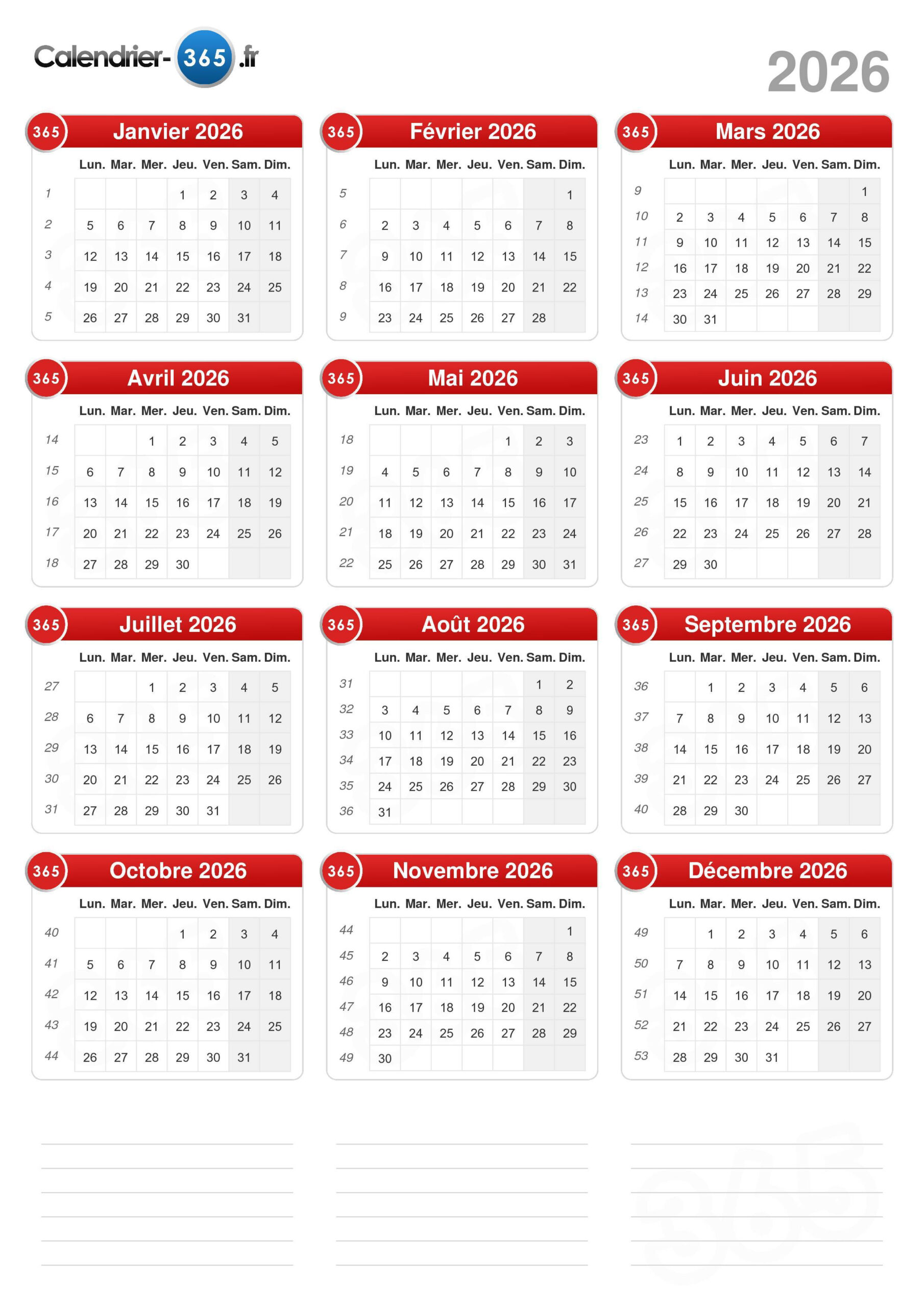 Calendrier 2026 | Calendrier 2026 avec Numéros de Semaine