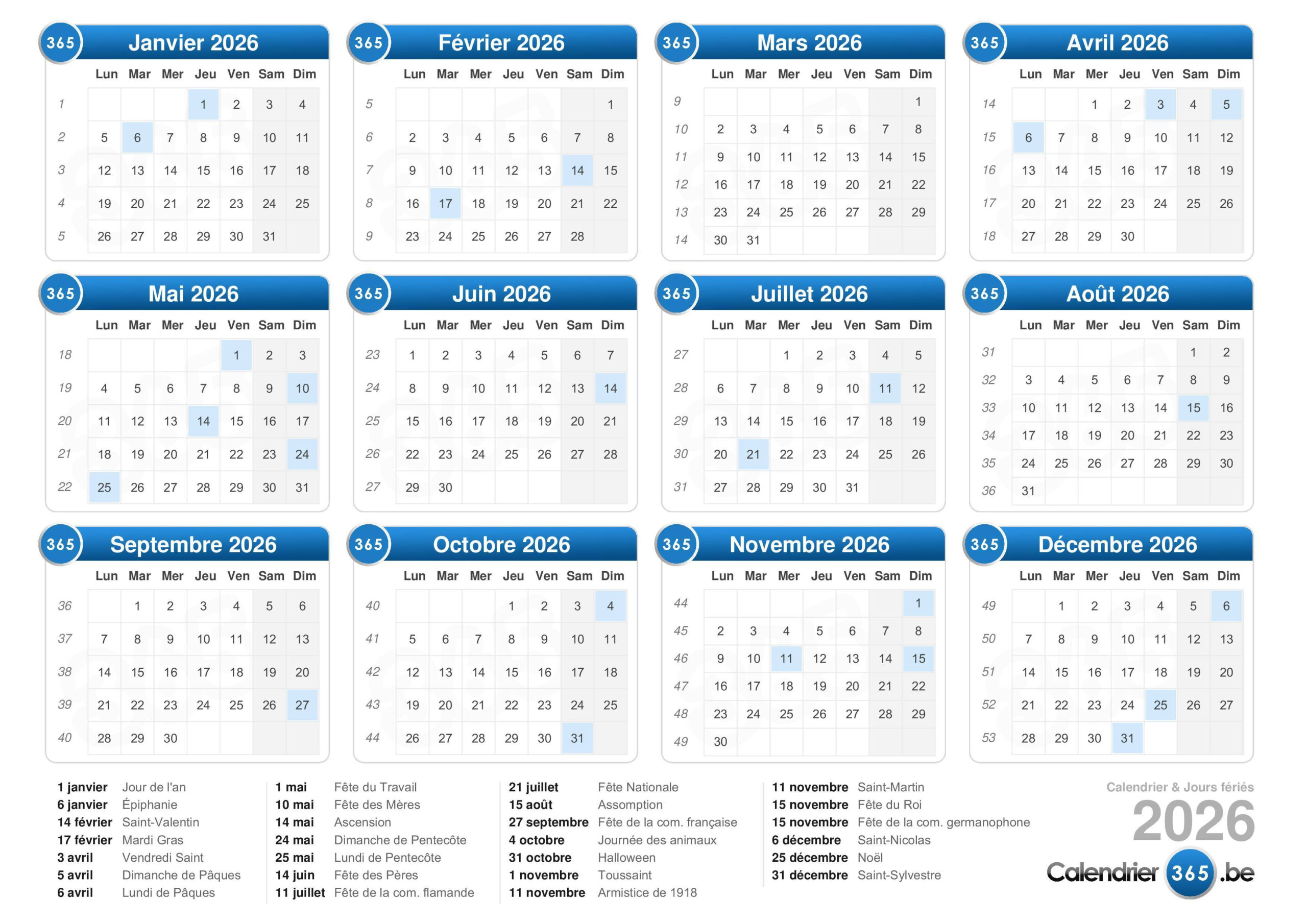 Calendrier 2026 | Calendrier 2026 Belgique