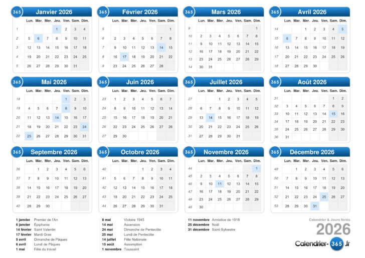 Calendrier Férié 2026