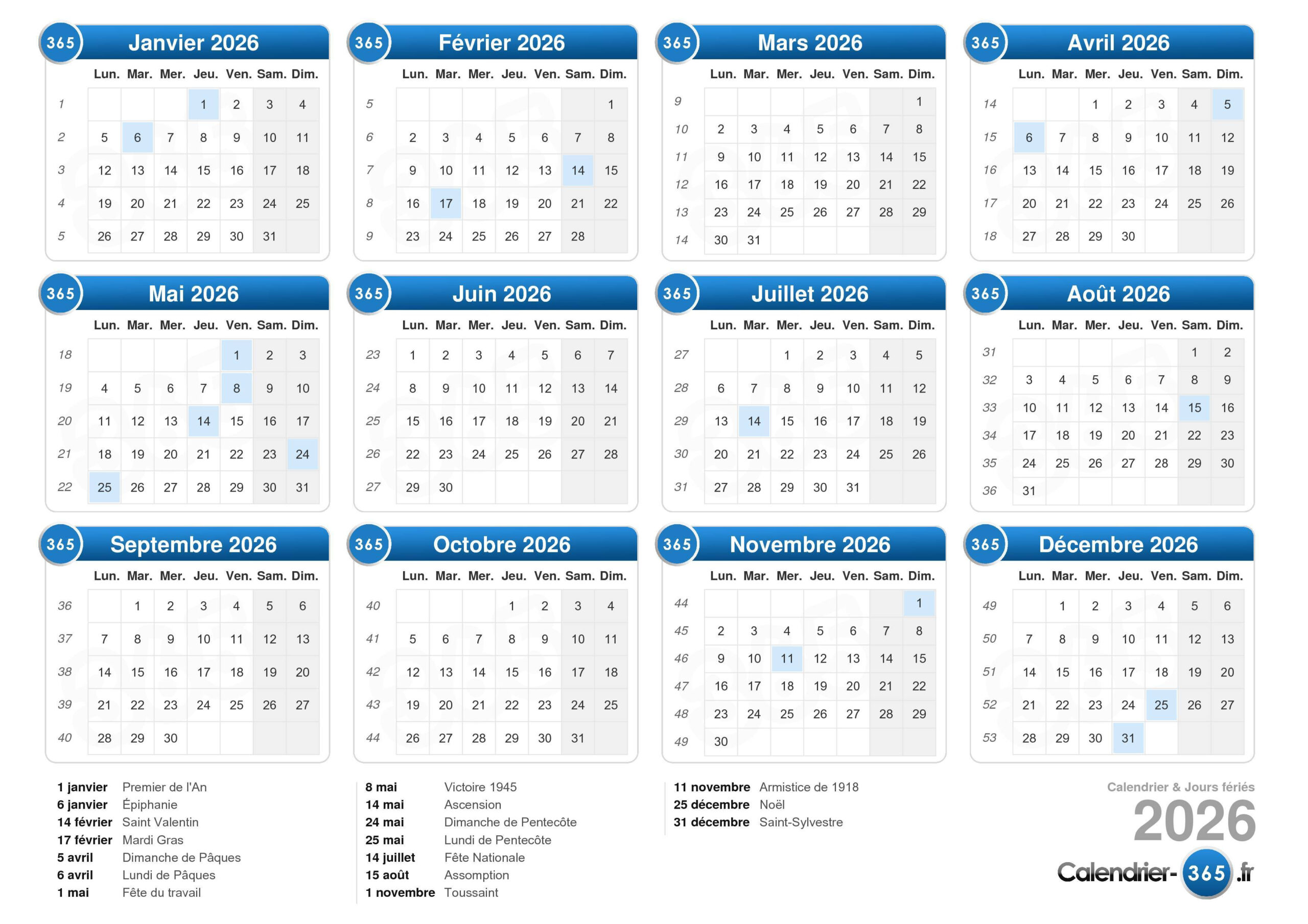 Calendrier 2026 | Calendrier Férié 2026