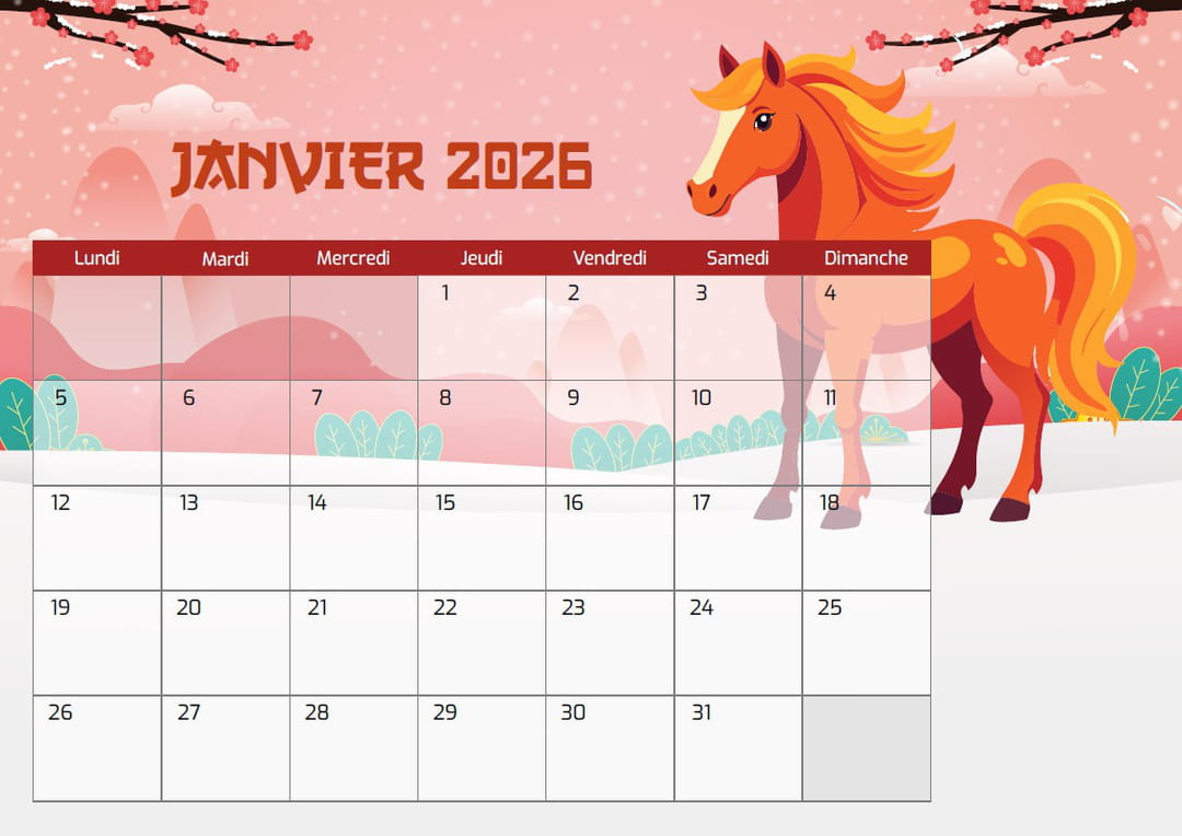 Calendrier 2026 Du Nouvel An Chinois À Imprimer | Calendrier Chinois 2026