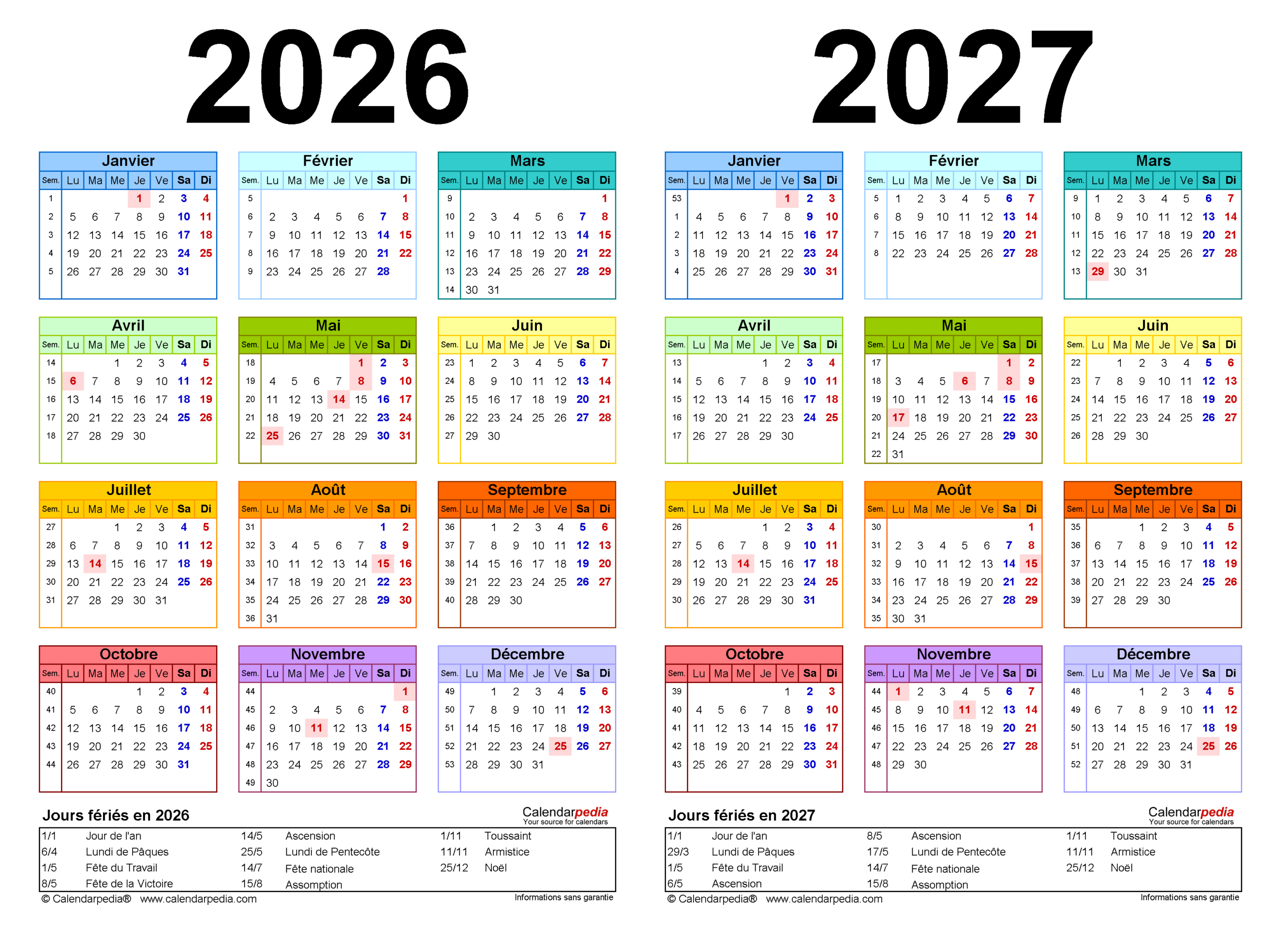 Calendrier 2026 Et 2027 Pdf, Excel Et Word | Calendarpedia | Calendrier 2026 2027
