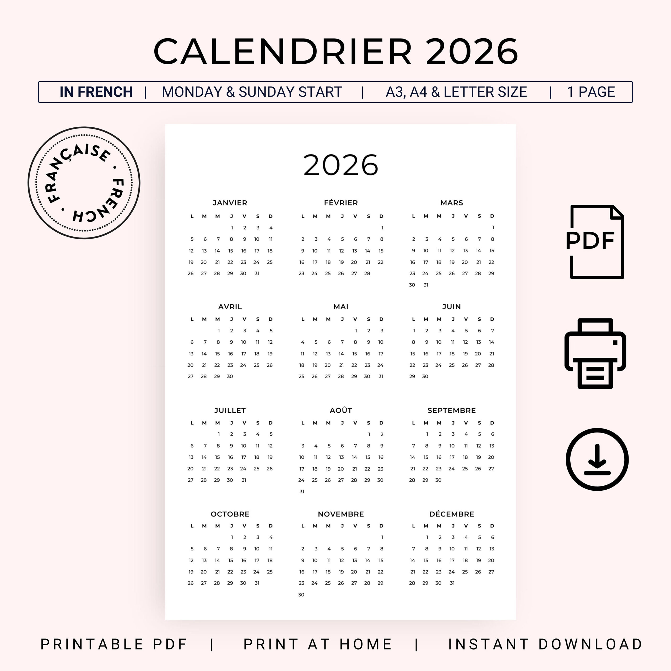 Calendrier 2026 Français 2026 Calendrier Annuel 2026 Imprimable | 2026 Calendrier