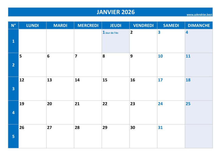 Calendrier Janvier Février 2026