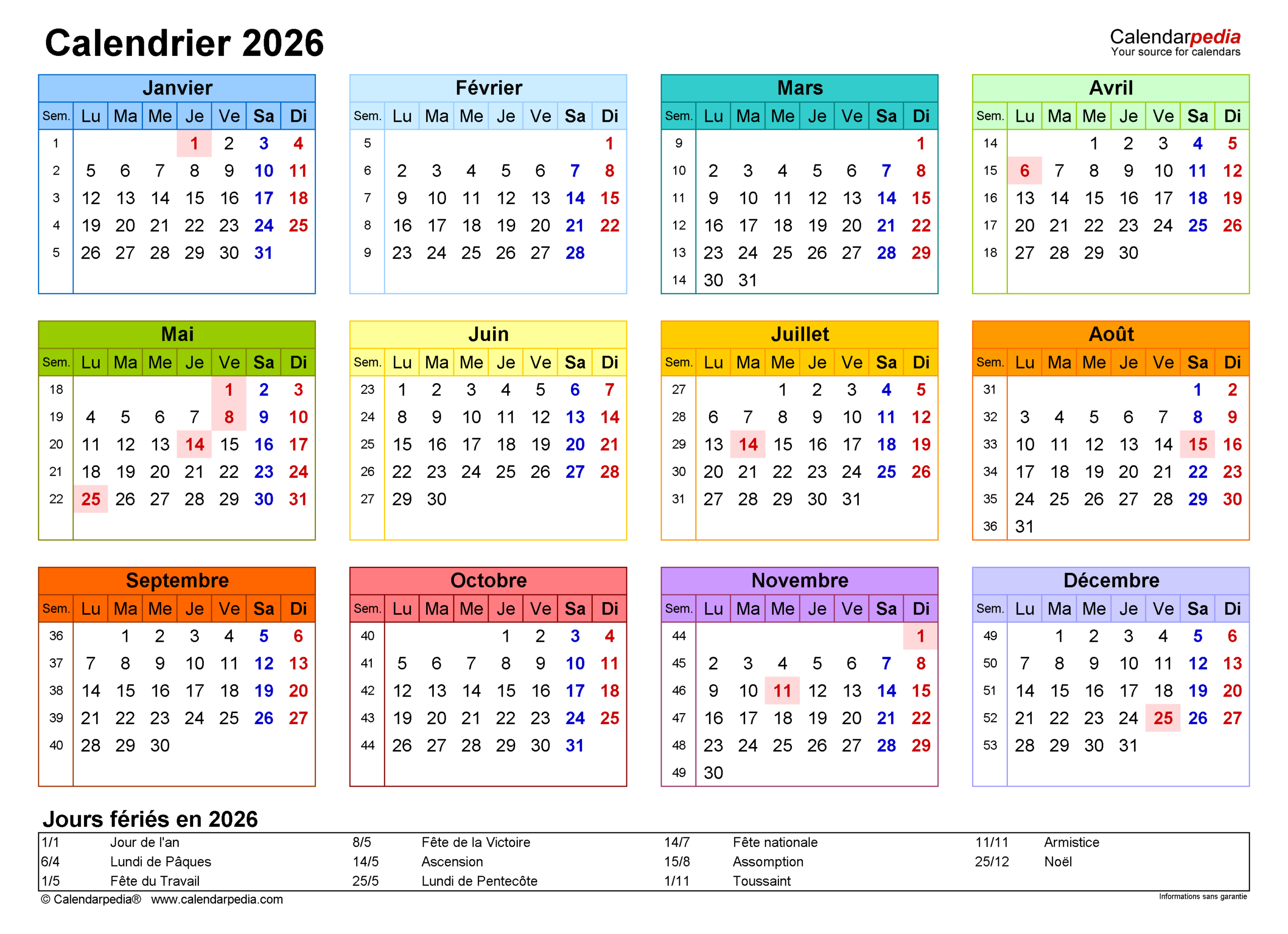 Calendrier 2026 Pdf, Excel Et Word | Calendarpedia | Calendrier 2026 avec Jours Fériés Québec