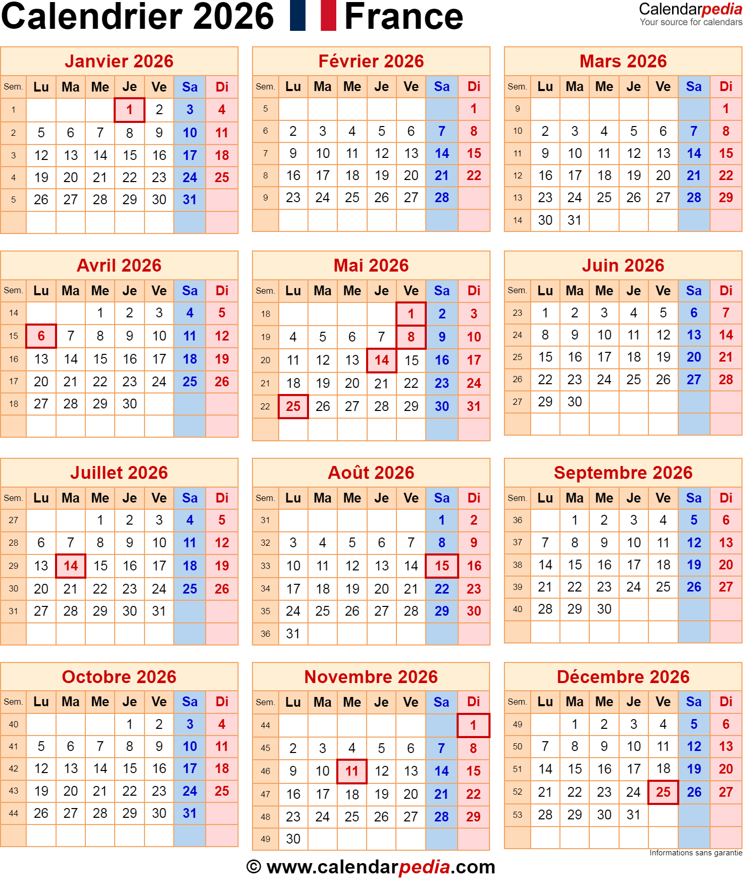 Calendrier 2026 Pdf, Excel Et Word | Calendarpedia | Calendrier 2026 France