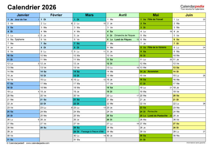 Calendrier Semestriel 2026 à Imprimer Gratuit