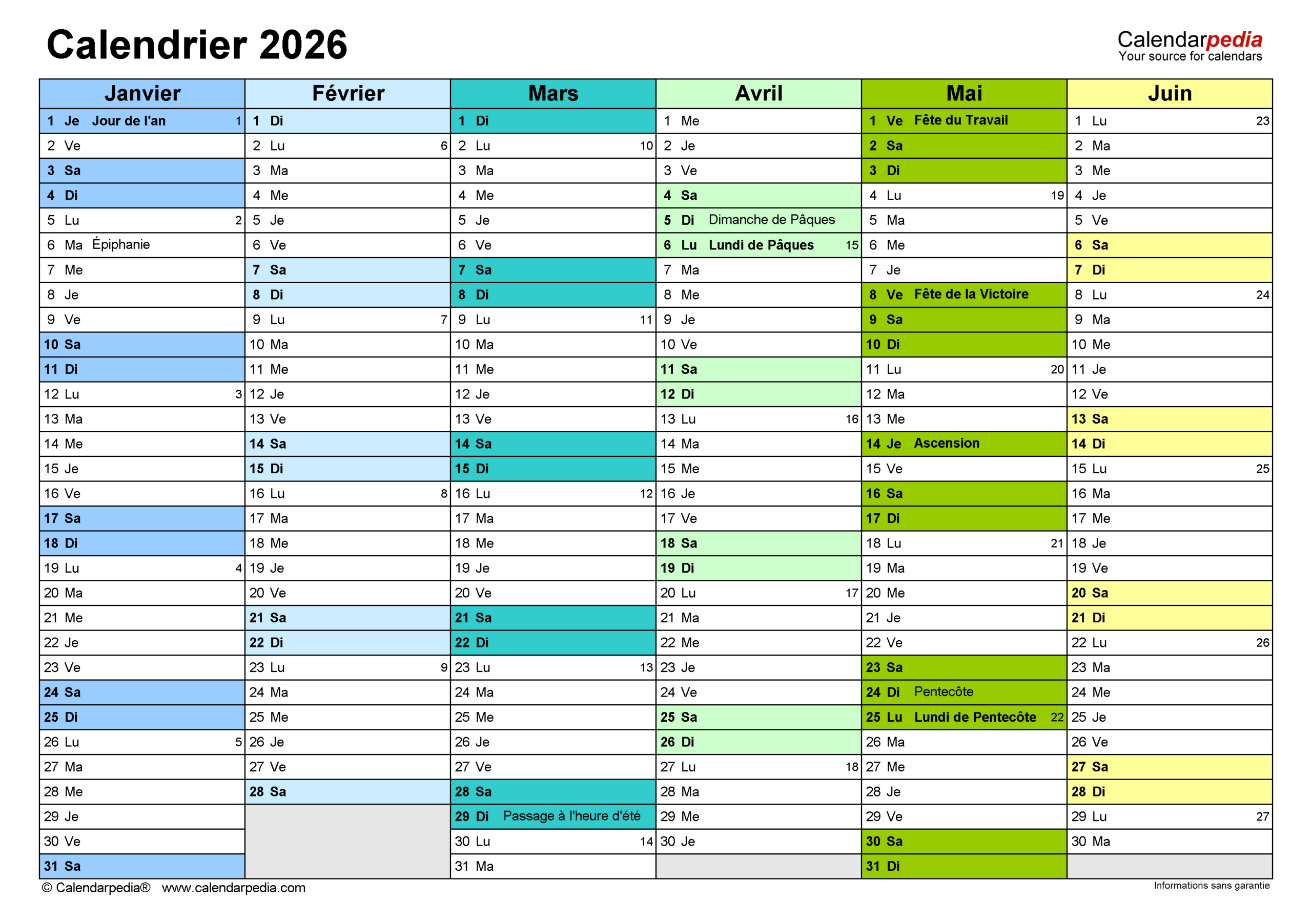 Calendrier 2026 Pdf, Excel Et Word | Calendarpedia | Calendrier Semestriel 2026 à Imprimer Gratuit