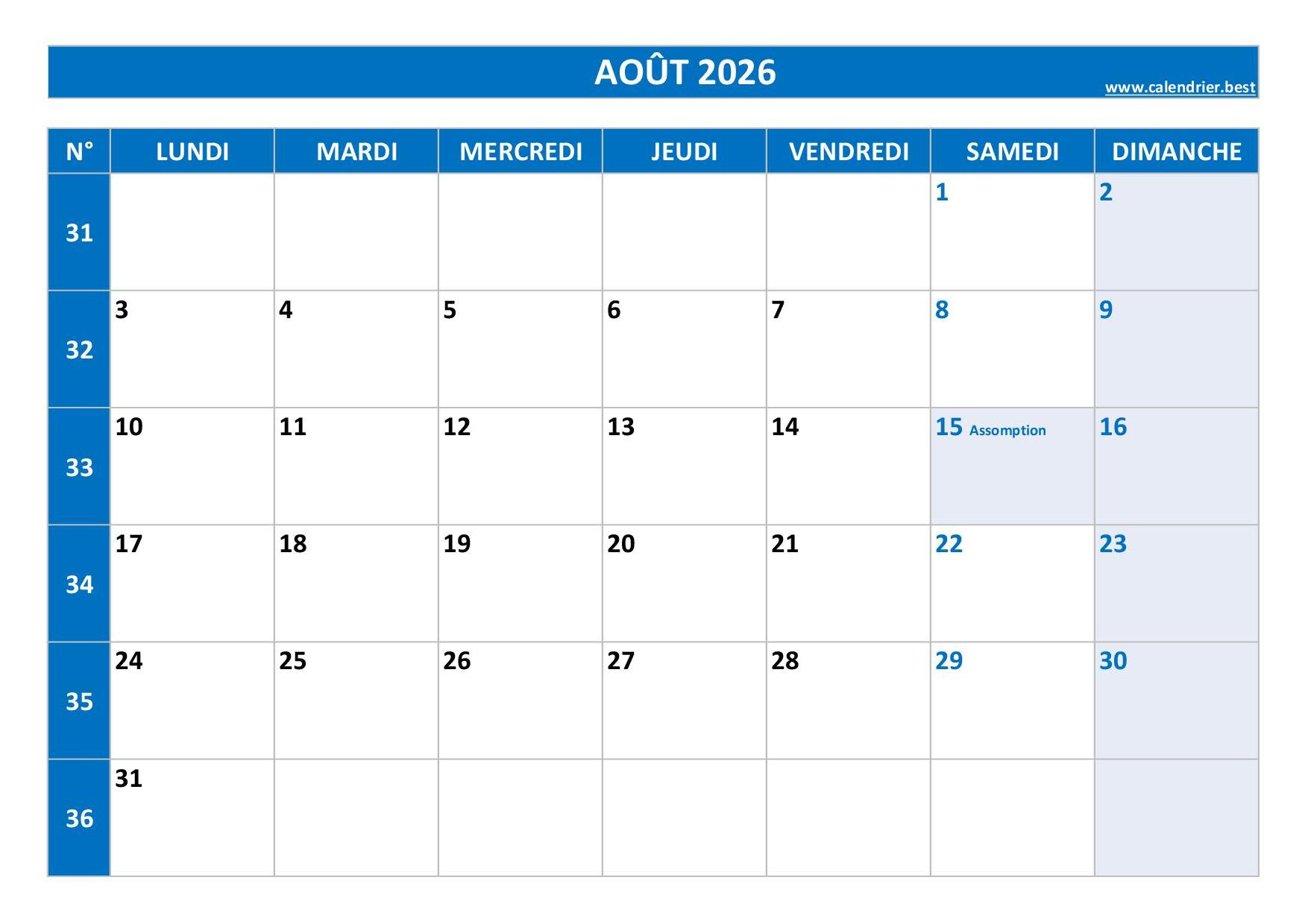Calendrier Août 2026 À Consulter Ou Imprimer -Calendrier.best | Calendrier Août 2026