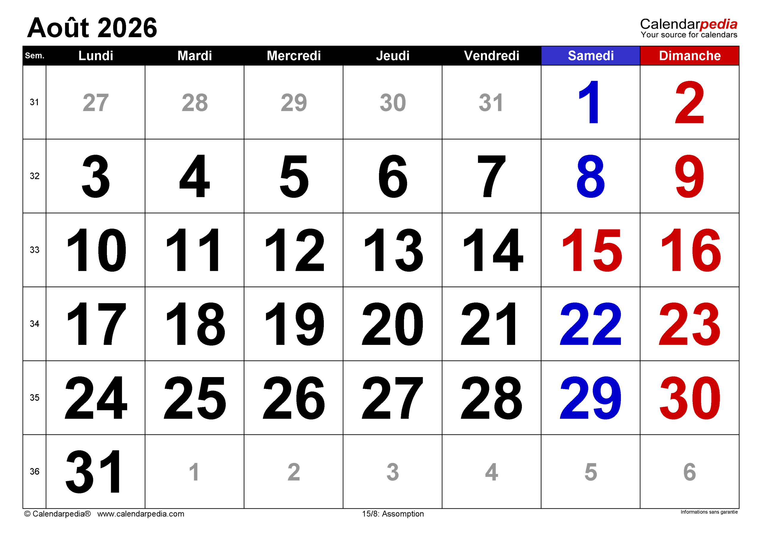 Calendrier Août 2026 Pdf, Excel Et Word | Calendarpedia | Calendrier Août 2026