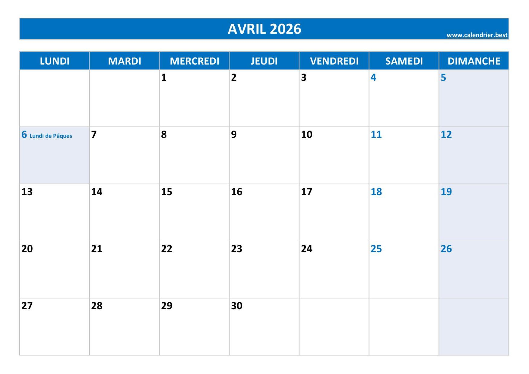 Calendrier Avril 2026 À Consulter Ou Imprimer -Calendrier.best | Calendrier Avril 2026