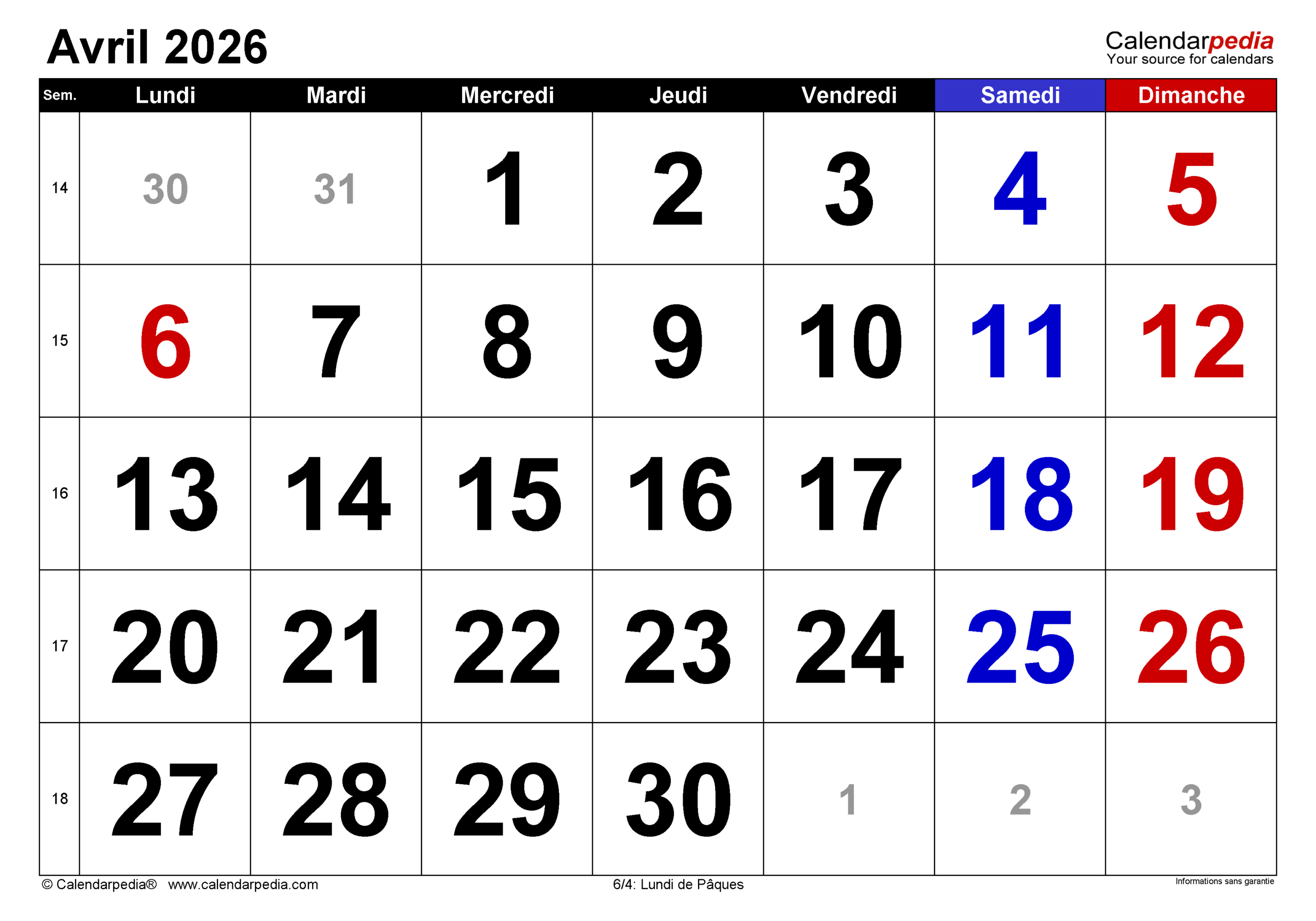 Calendrier Avril 2026 Pdf, Excel Et Word | Calendarpedia | Calendrier Avril 2026