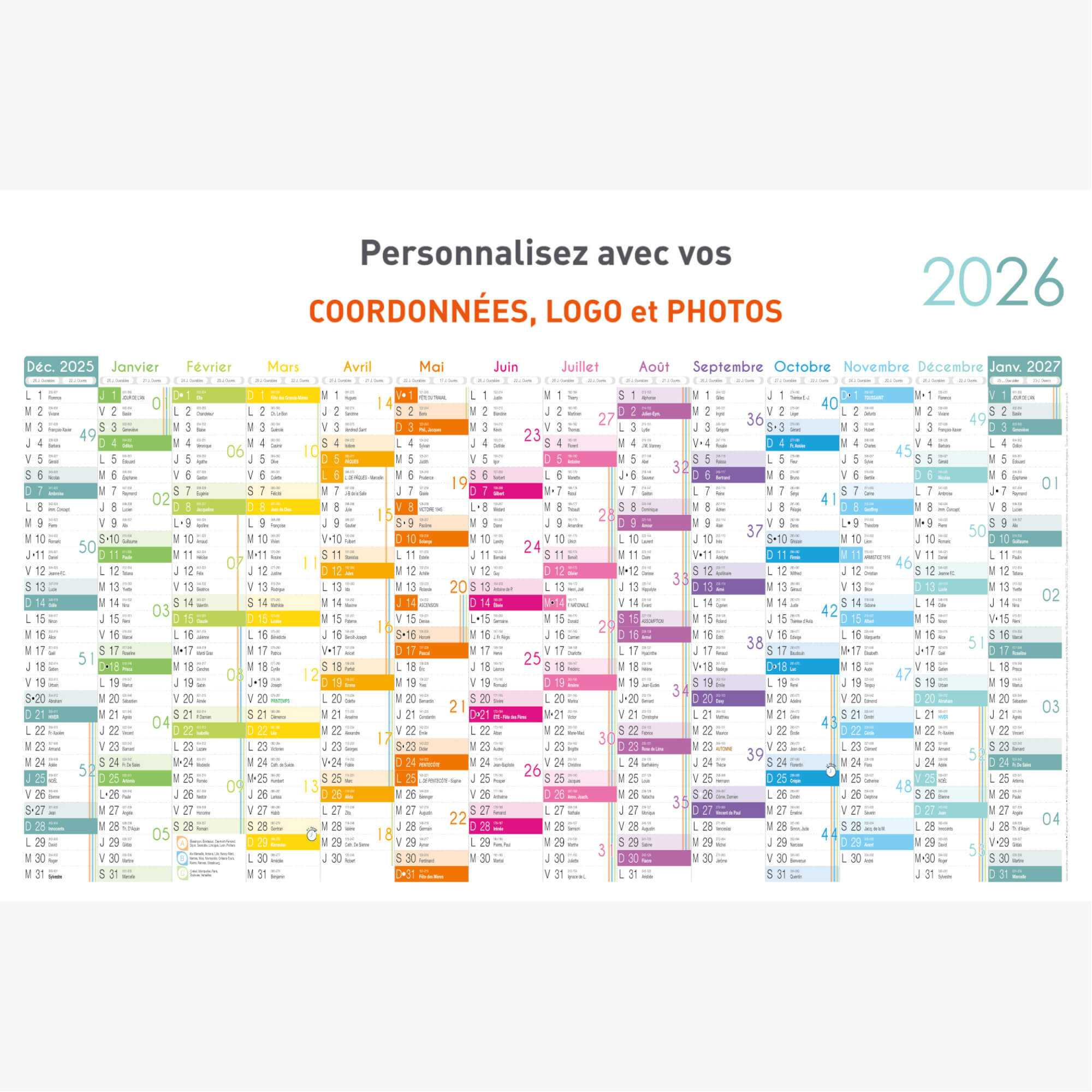 Calendrier Bancaire 2026 Personnalisé Color - Tg107 - 66 X 43 Cm | Calendrier 2026 Personnalisé